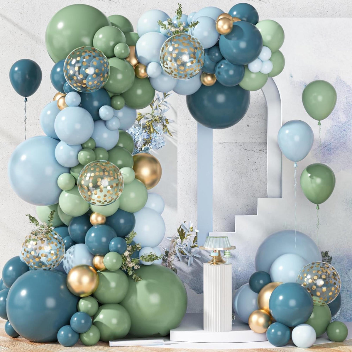 Dusty Blue Green Balloon Arch Kit Pastel Gold Balloons Boho Party Decor