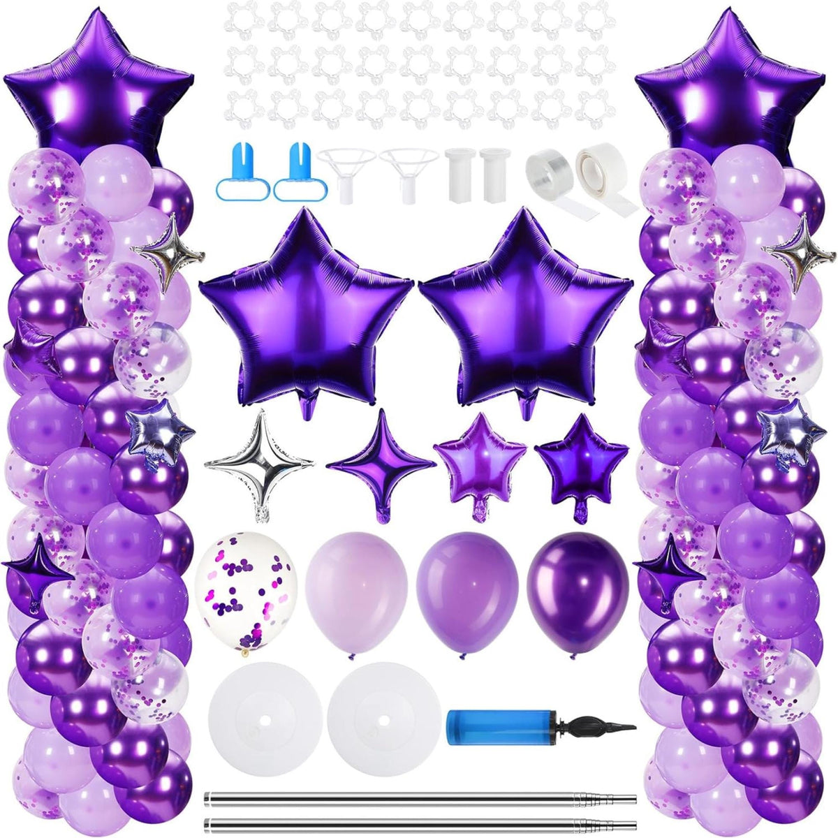 Purple Silver Balloon Arch Kit 110 Pcs Column Stand Party Decor Set