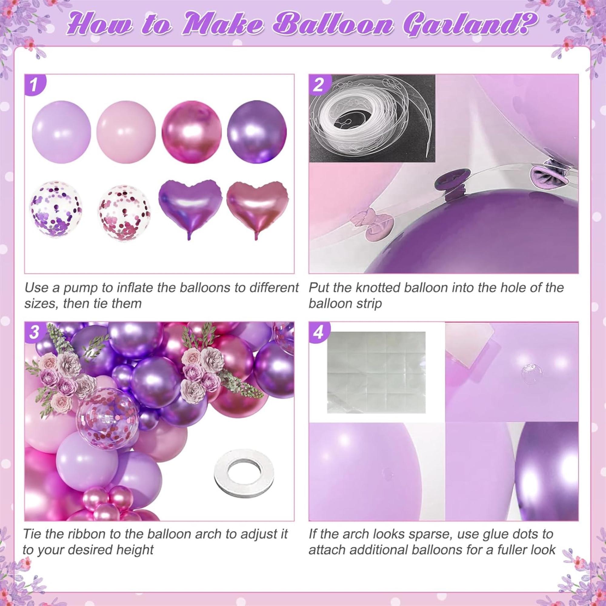 Pink Purple Balloon Arch Kit 126 Pcs Metallic Confetti Party Decor
