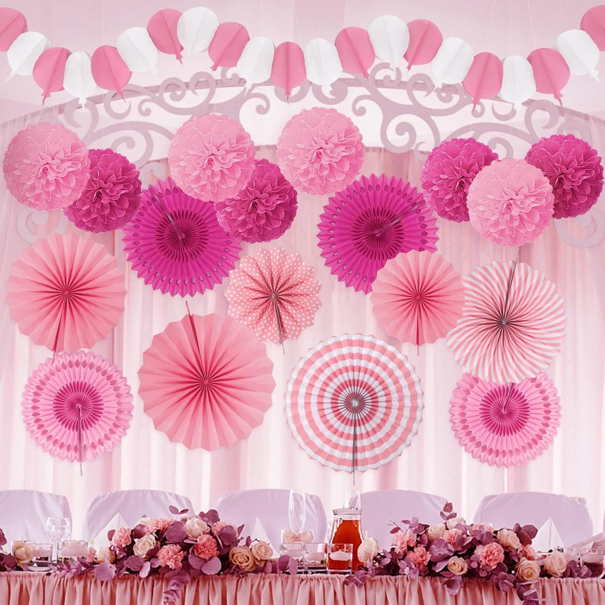 Pink Paper Fans, Pom Poms, Garlands for Parties, Weddings, Birthdays