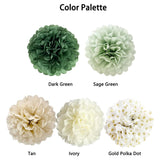 Sage Green Tissue Pom Poms Flowers Boho Party Decor Set