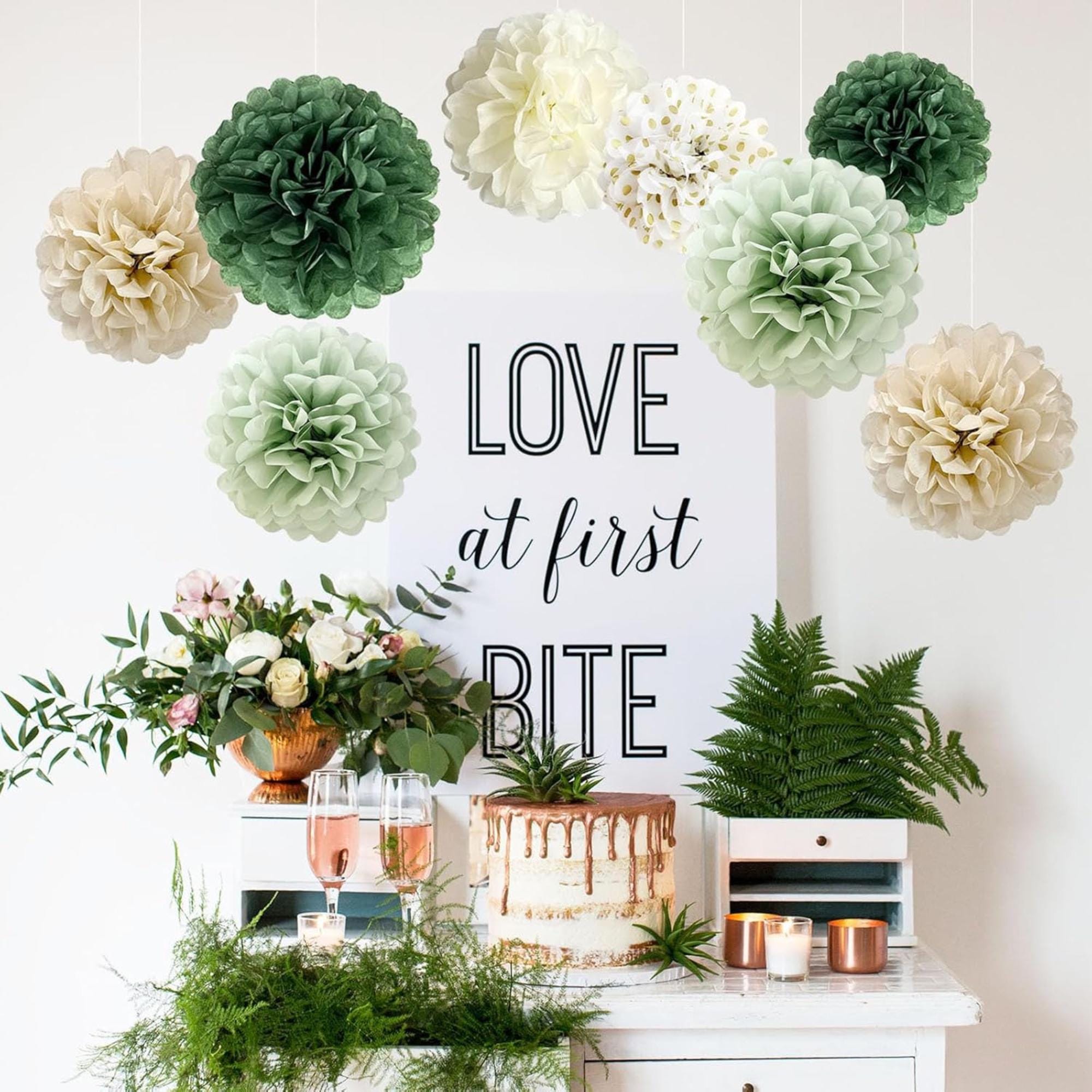 Sage Green Tissue Pom Poms Flowers Boho Party Decor Set