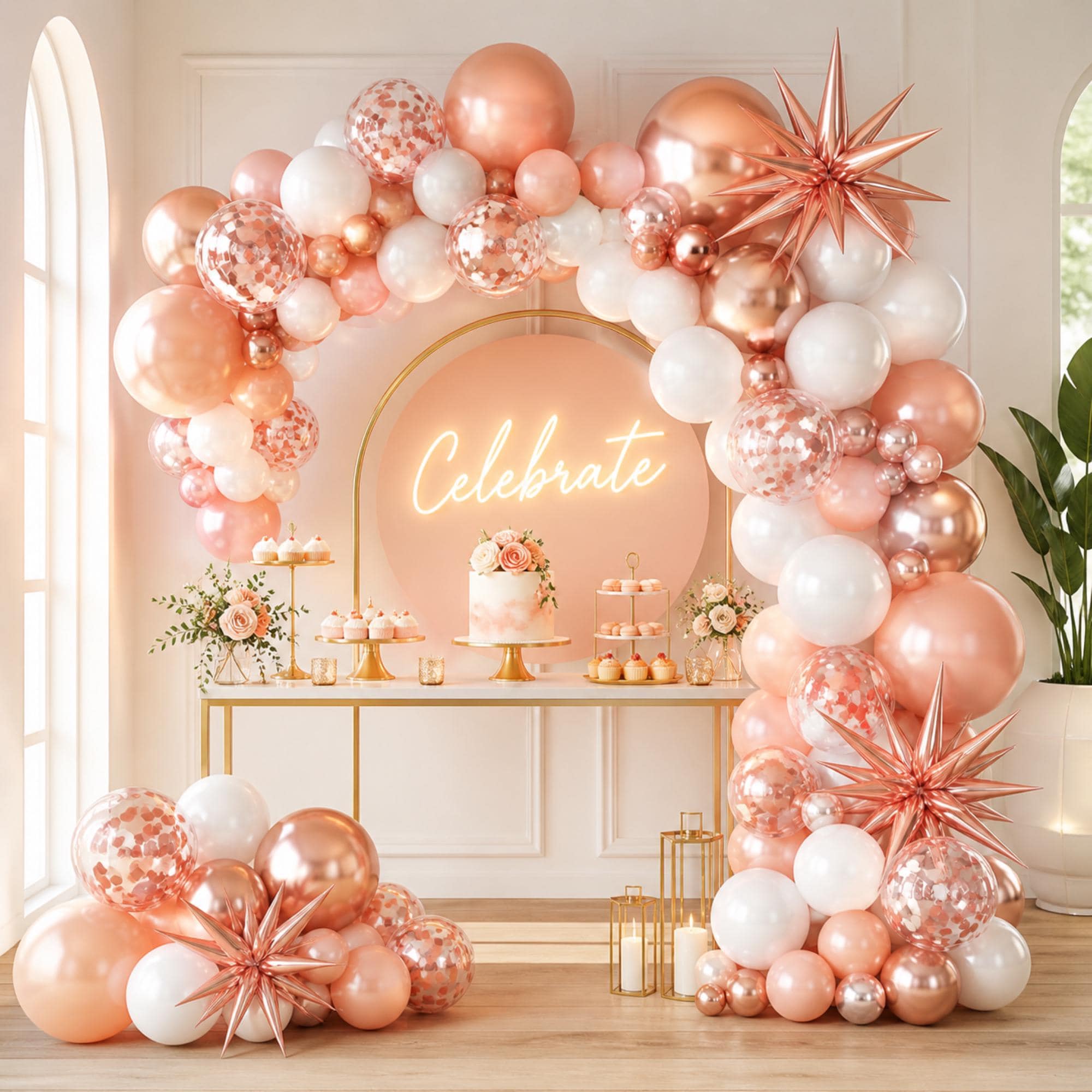 Rose Gold Balloon Garland Kit, Pearl Pink White Confetti Balloons, Birthday Party Arch