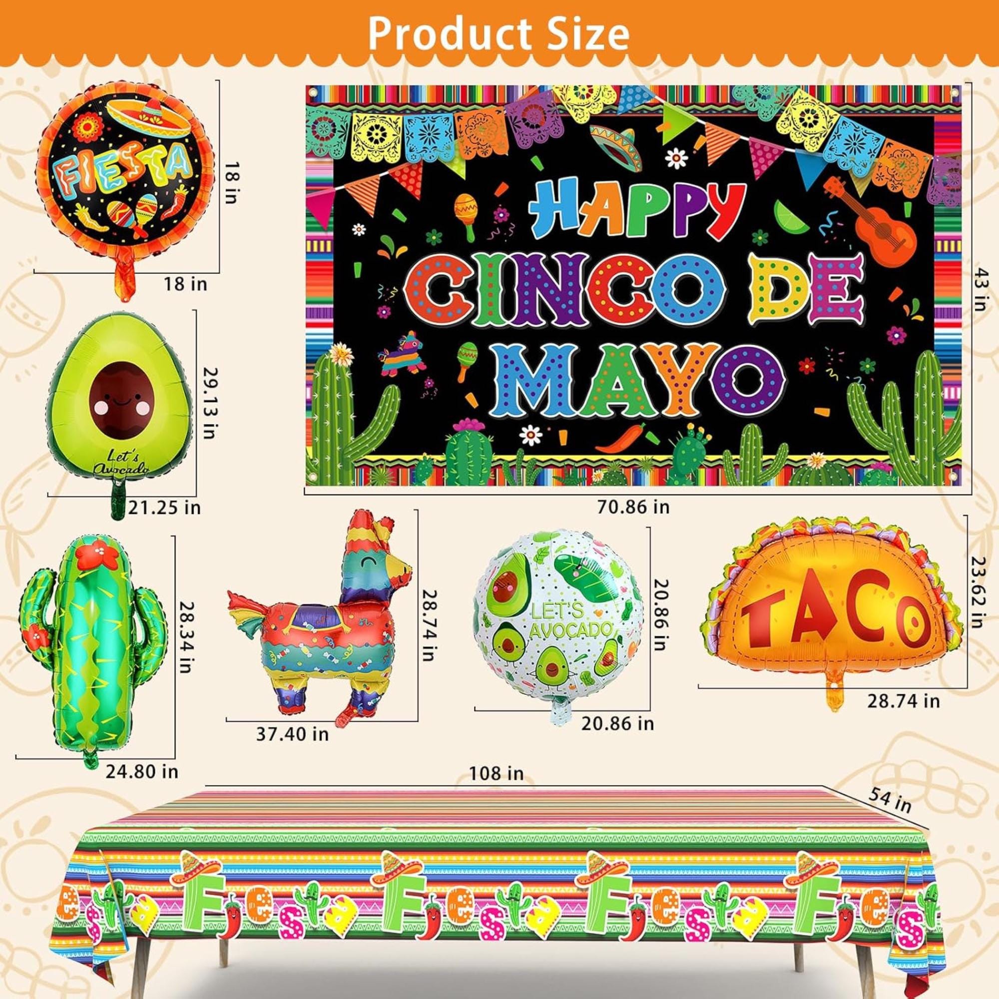 Fiesta Party Decorations Kit Banner Balloons Tablecloth Cinco De Mayo Set
