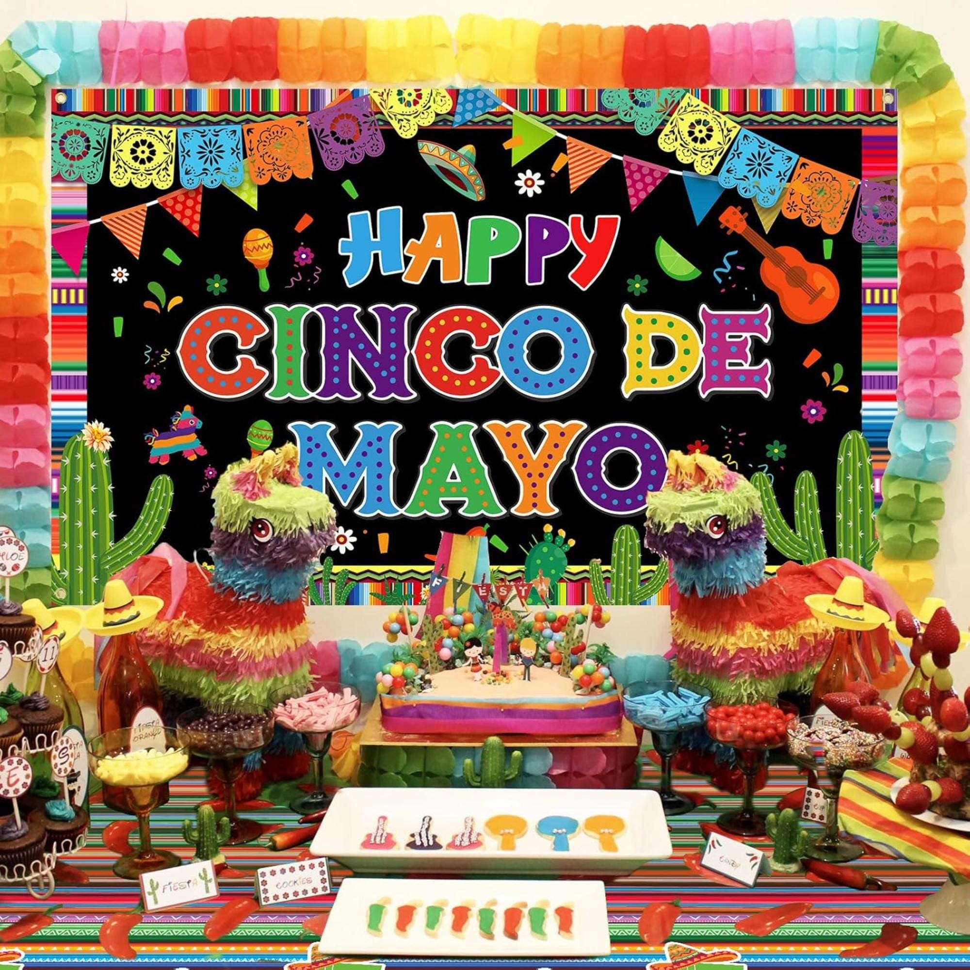 Fiesta Party Decorations Kit Banner Balloons Tablecloth Cinco De Mayo Set
