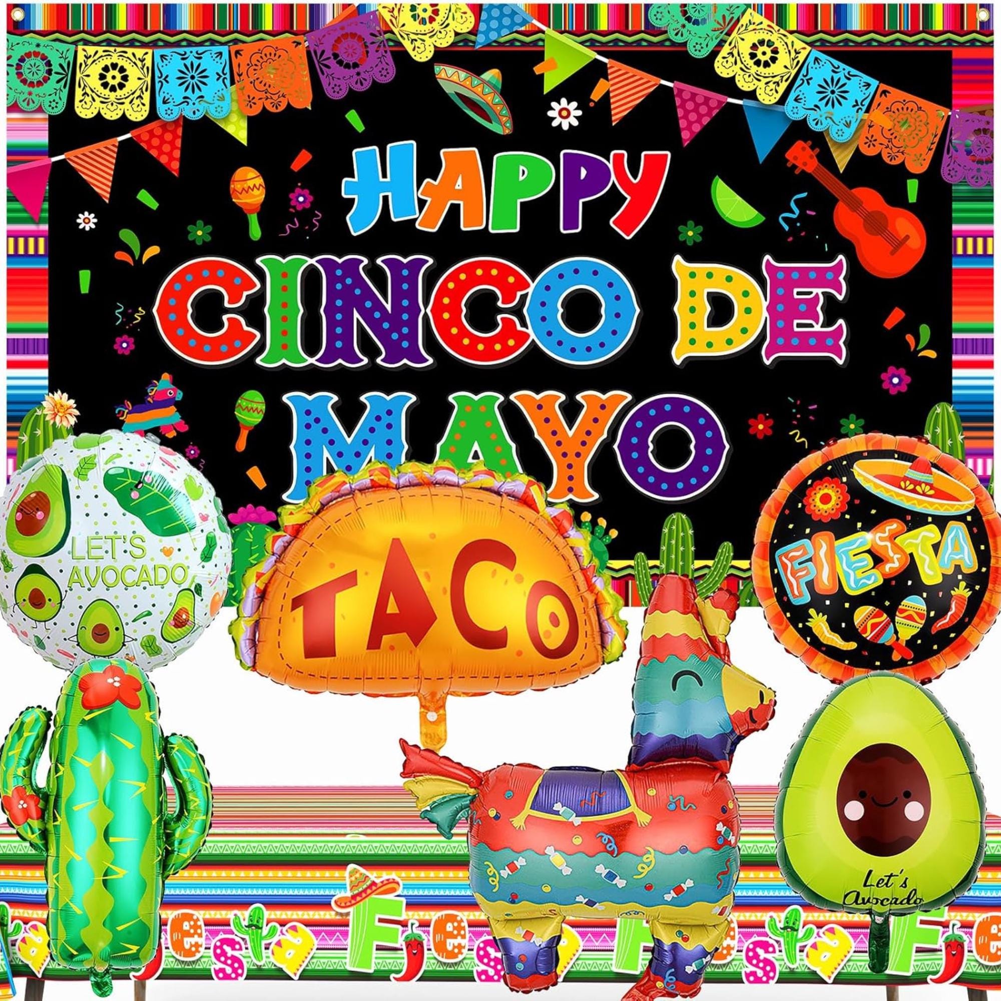 Fiesta Party Decorations Kit Banner Balloons Tablecloth Cinco De Mayo Set