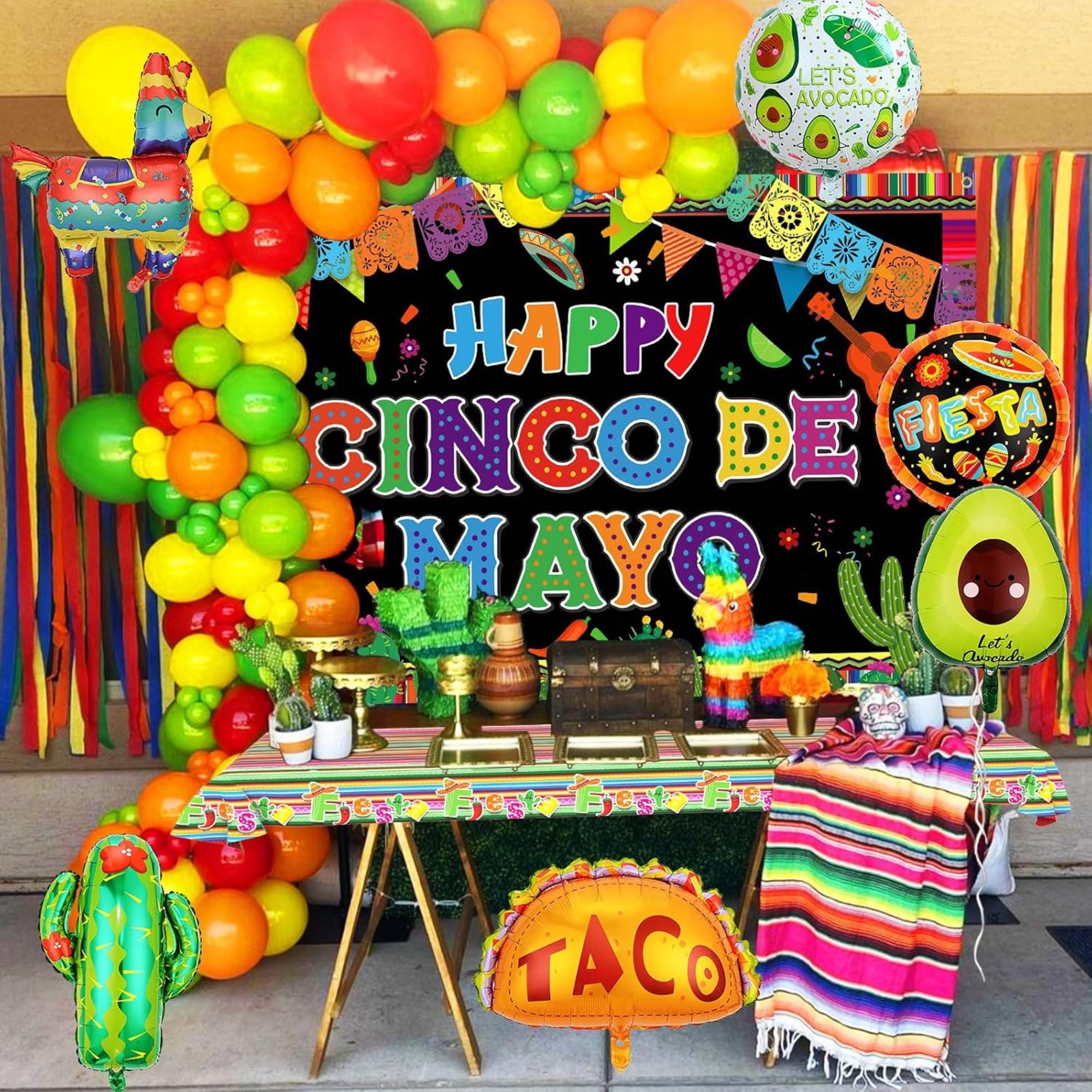 Fiesta Party Decorations Kit Banner Balloons Tablecloth Cinco De Mayo Set