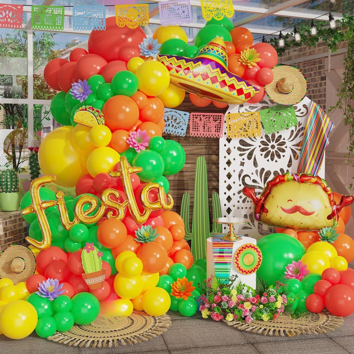 Fiesta Balloon Arch Kit Taco Straw Hat Cinco De Mayo Rainbow Party Decor Set