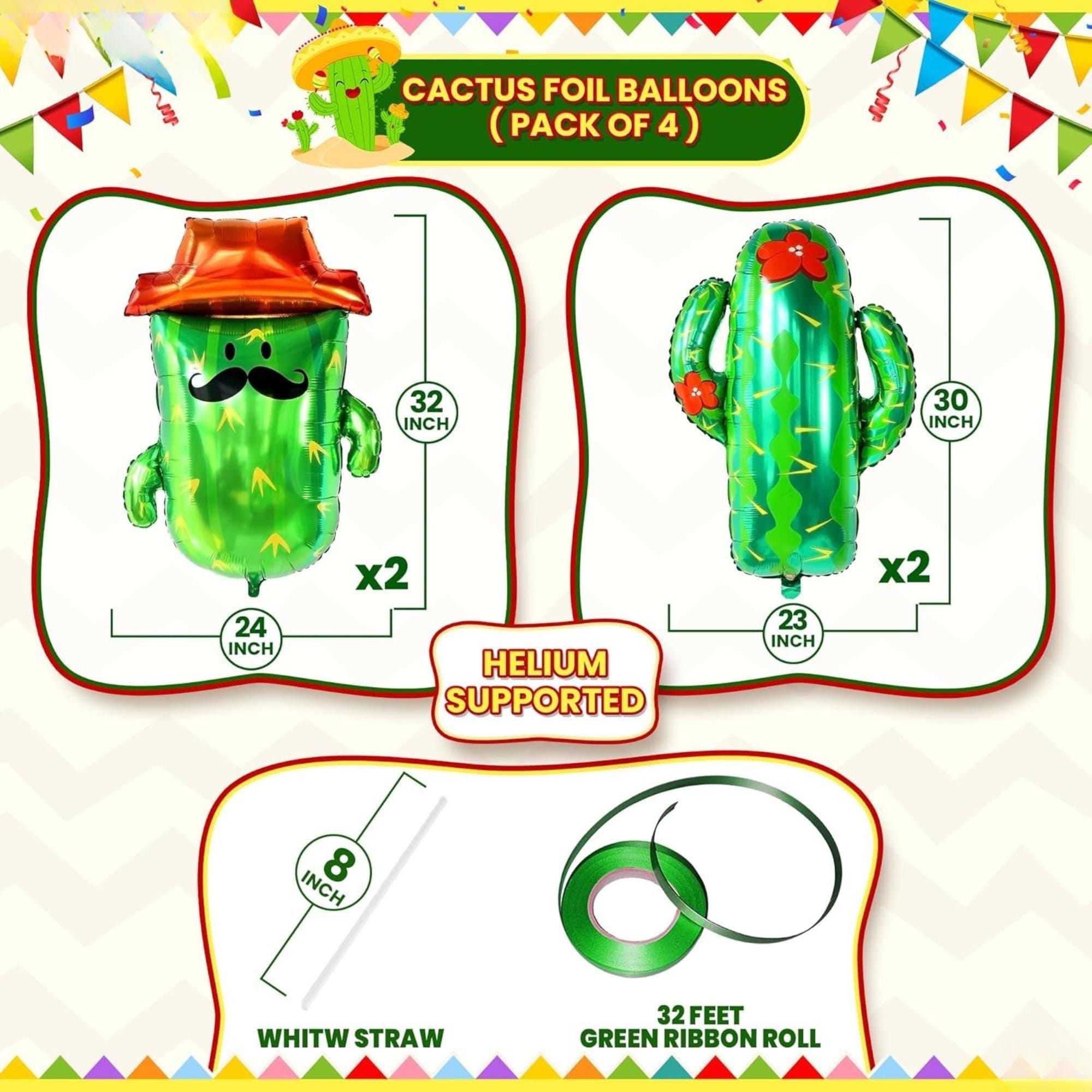 4Pcs Big 32 Inch Cactus Balloons Cinco De Mayo Fiesta Party Decorations Set