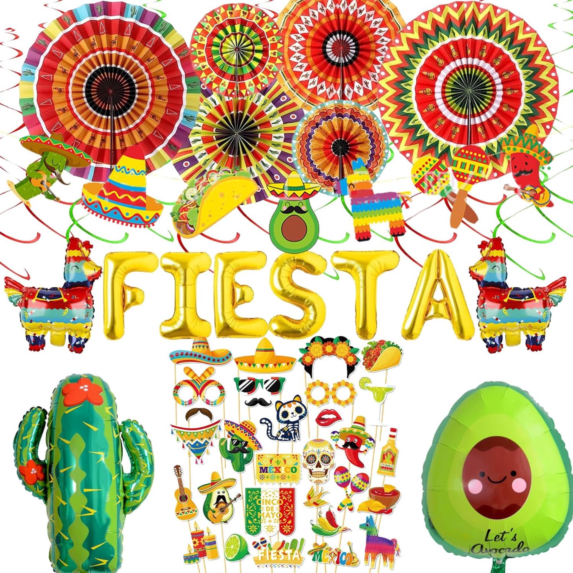 20Pcs Mexican Fiesta Party Decorations Paper Fans Cactus Swirls Flag Banner Set