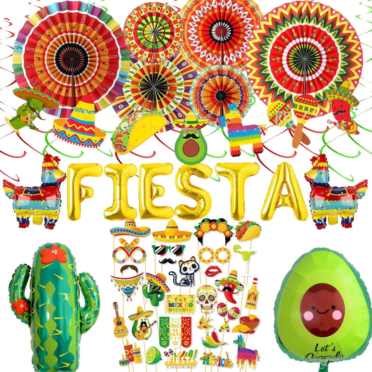 20Pcs Mexican Fiesta Party Decorations Paper Fans Cactus Swirls Flag Banner Set