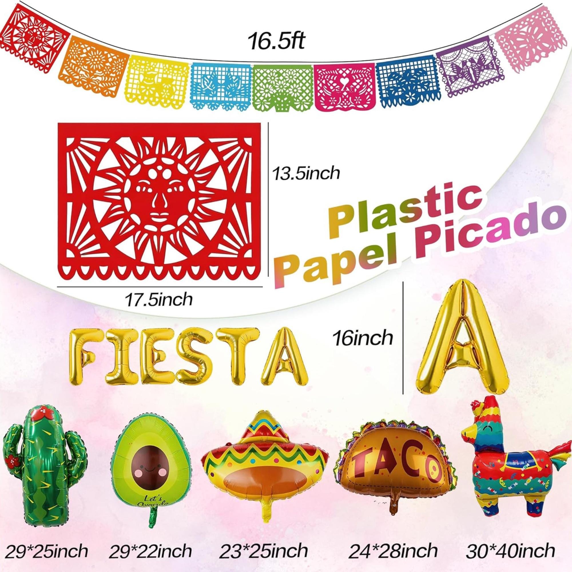 Fiesta Balloon Arch Kit Rainbow Tinsel Banner Taco Cactus Party Decor Set