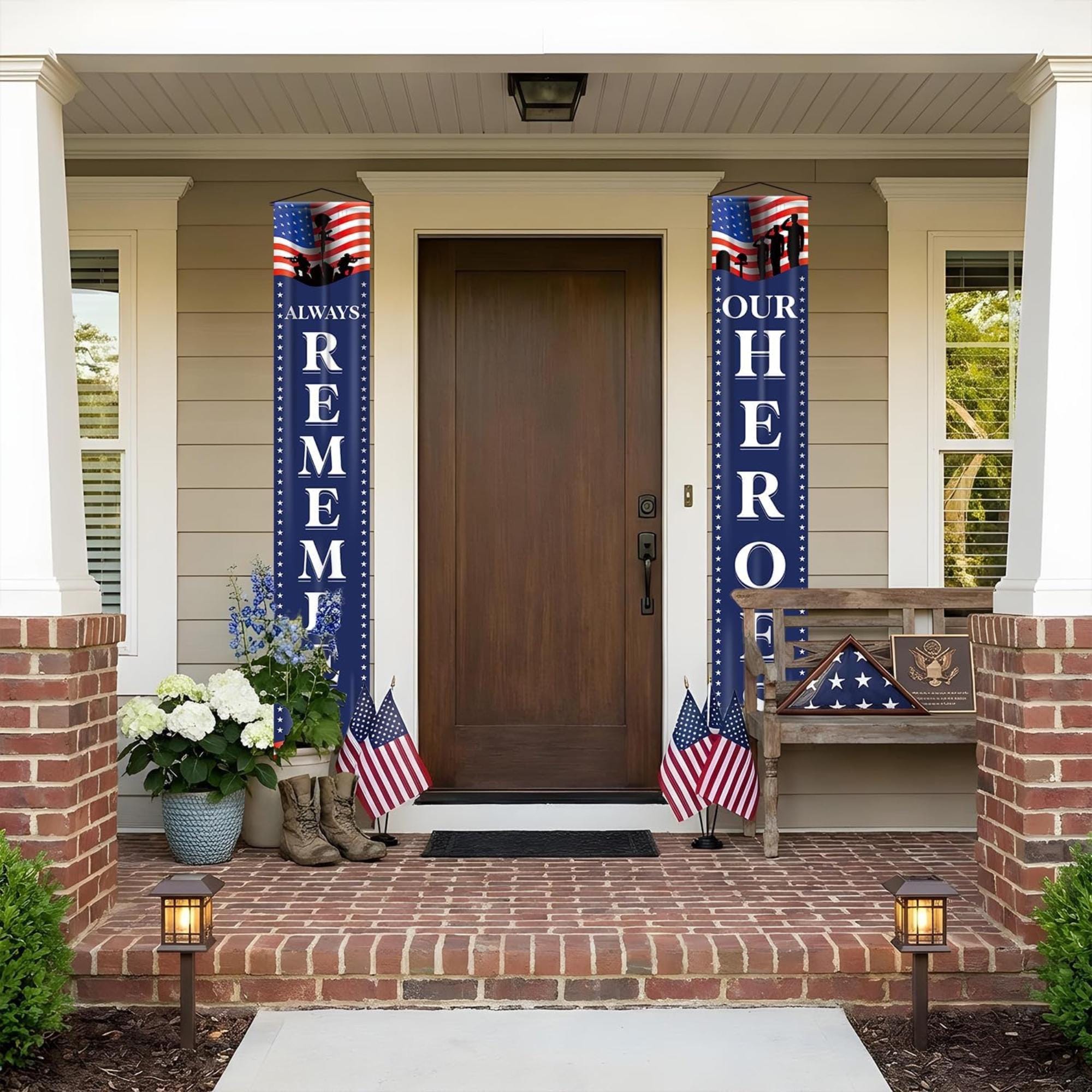 Memorial Day Porch Banner, Always Remember Heroes, Red White Blue Door Decoration