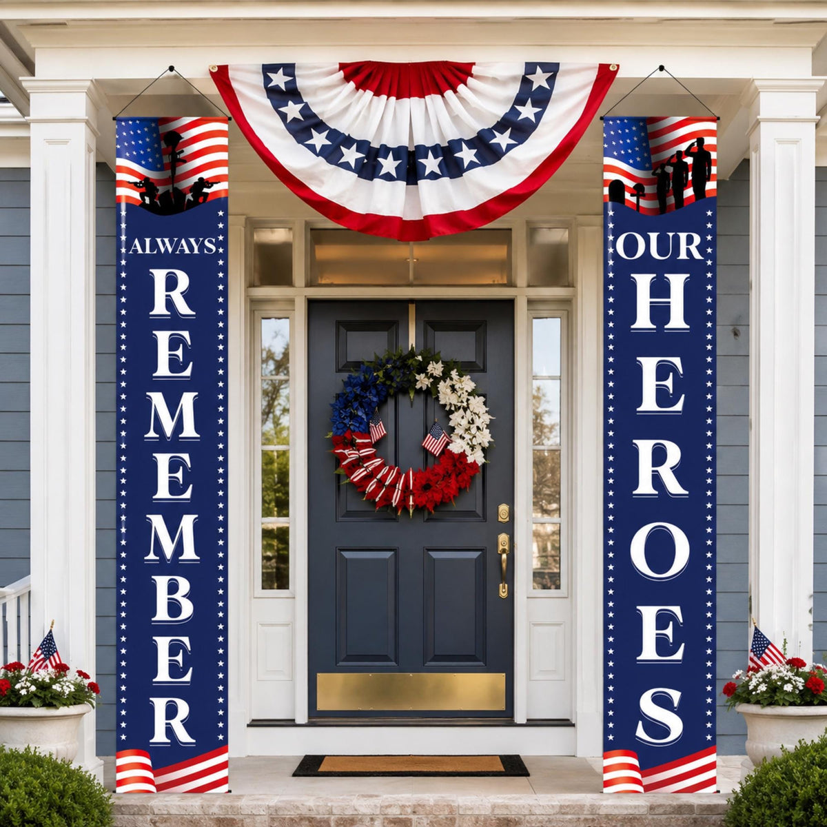 Memorial Day Porch Banner, Always Remember Heroes, Red White Blue Door Decoration