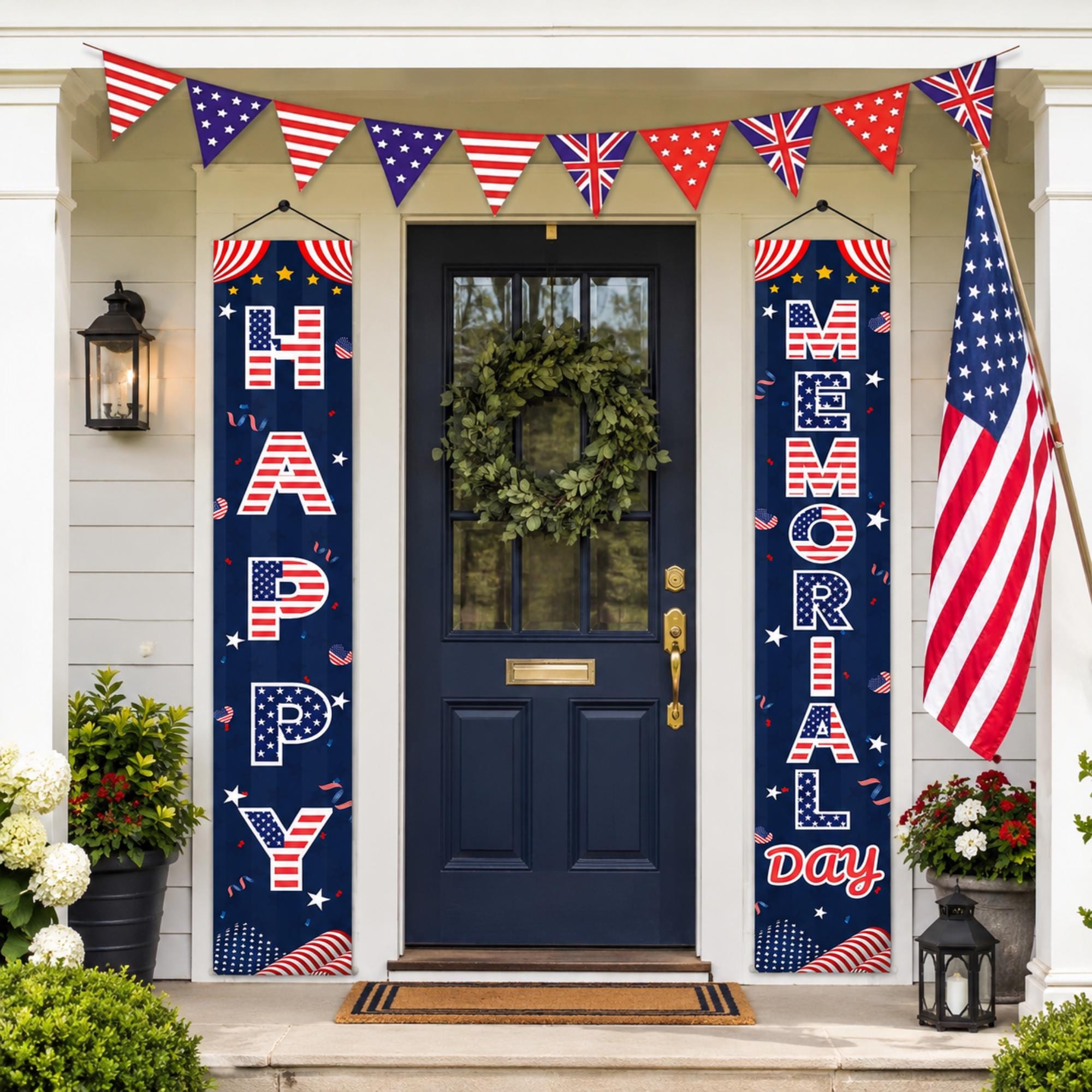 Patriotic Porch Banner Set: Happy Memorial Day USA Flag Door Decorations