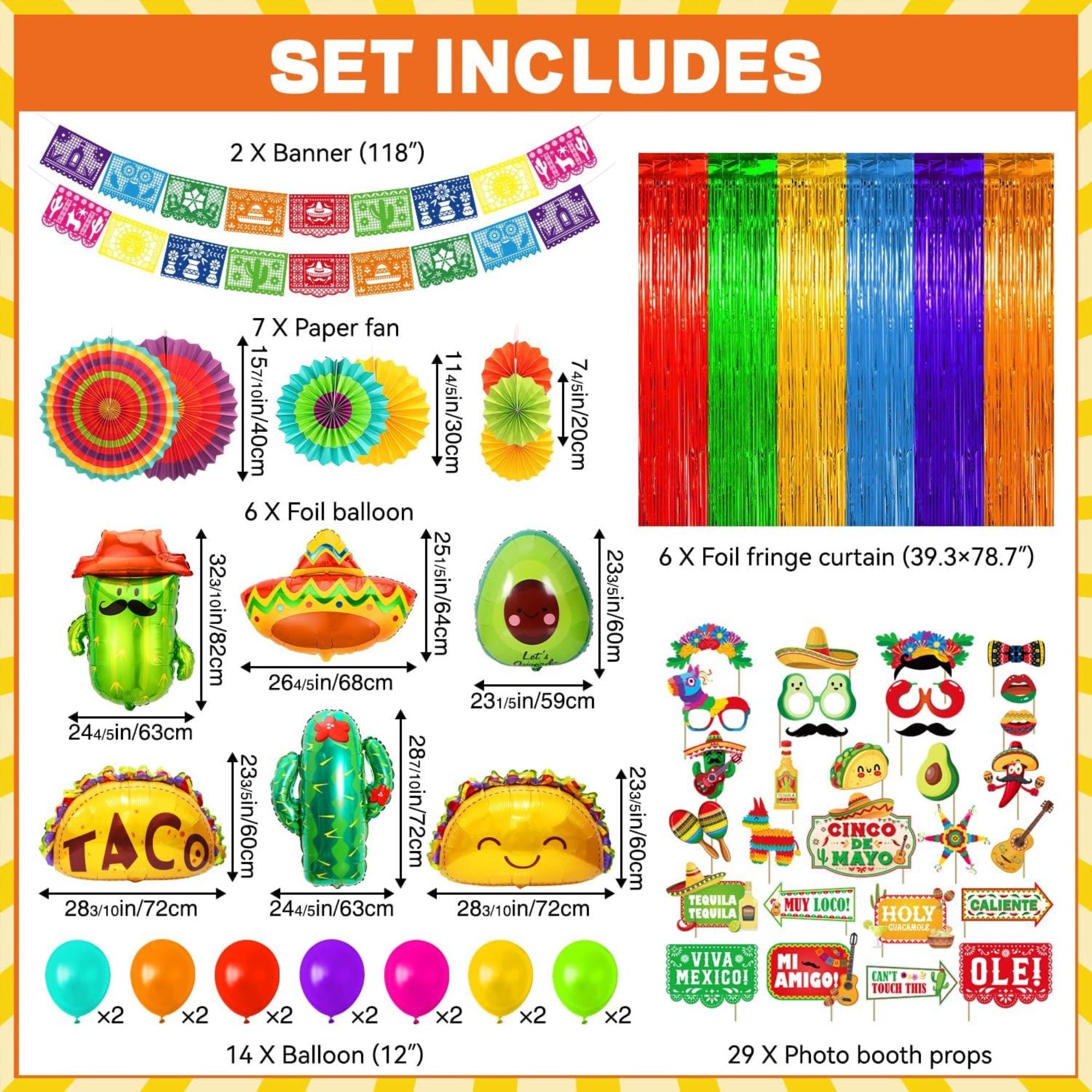 64Pcs Cinco De Mayo Party Decorations Banner Fans Balloon Fringe Backdrop Set