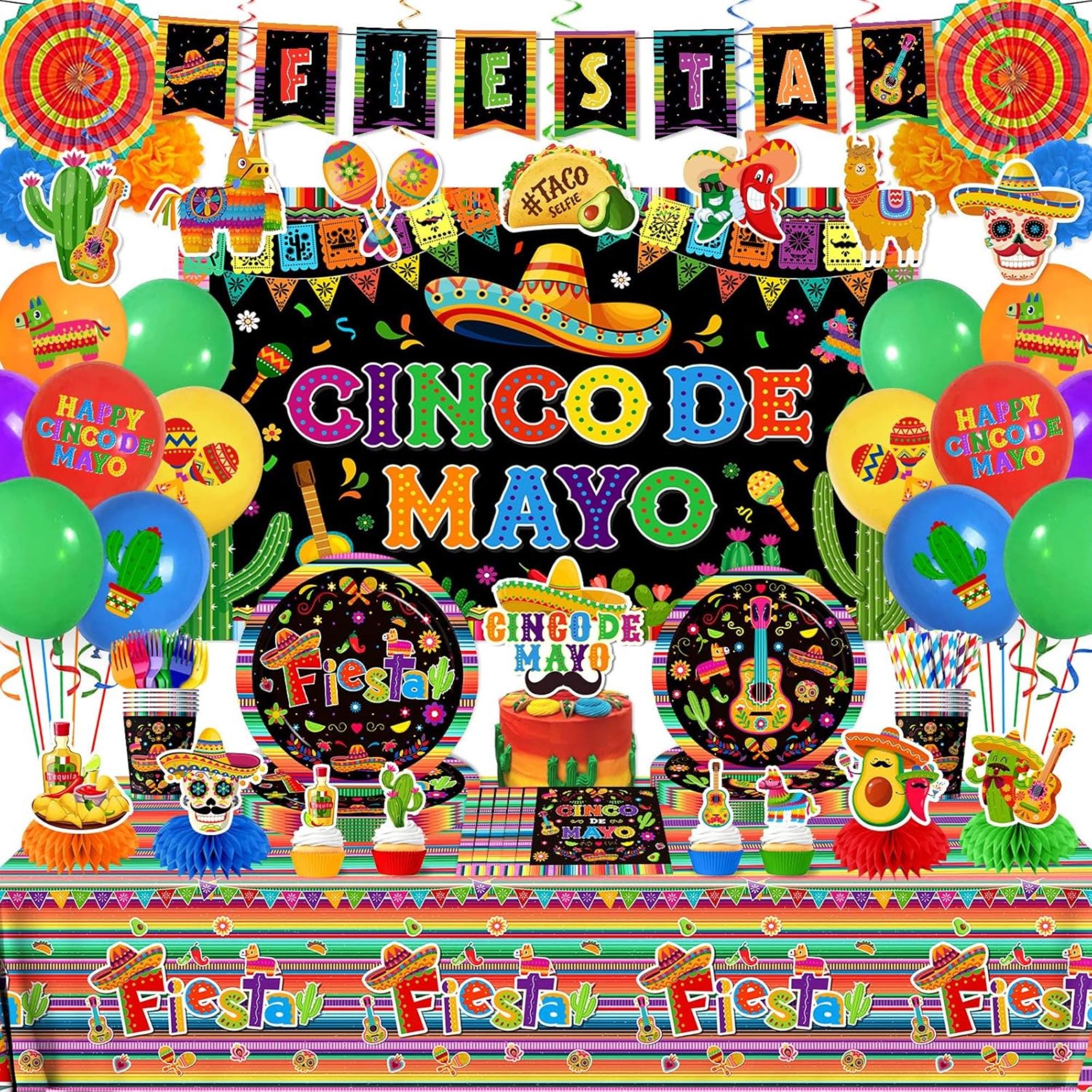 203Pcs Cinco De Mayo Party Decorations Set Backdrop Tableware Balloon Kit
