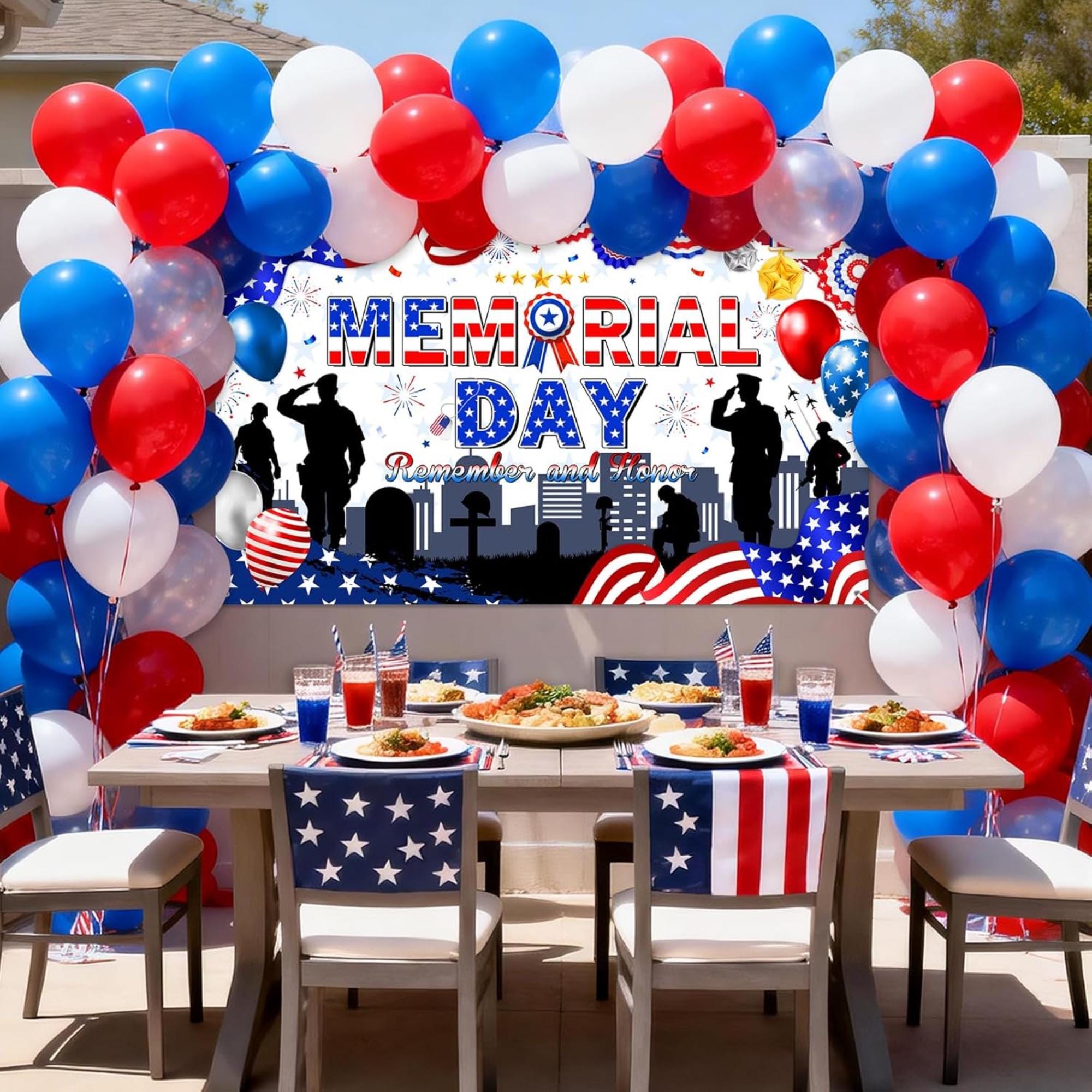 Memorial Day Remember Honor Banner: Patriotic Red White Blue Party Backdrop