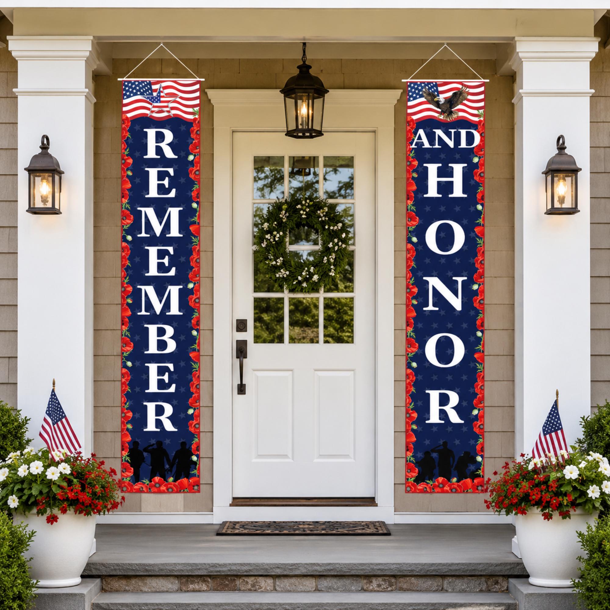 Patriotic Porch Banner: Red White Blue Remember Honor Decorations