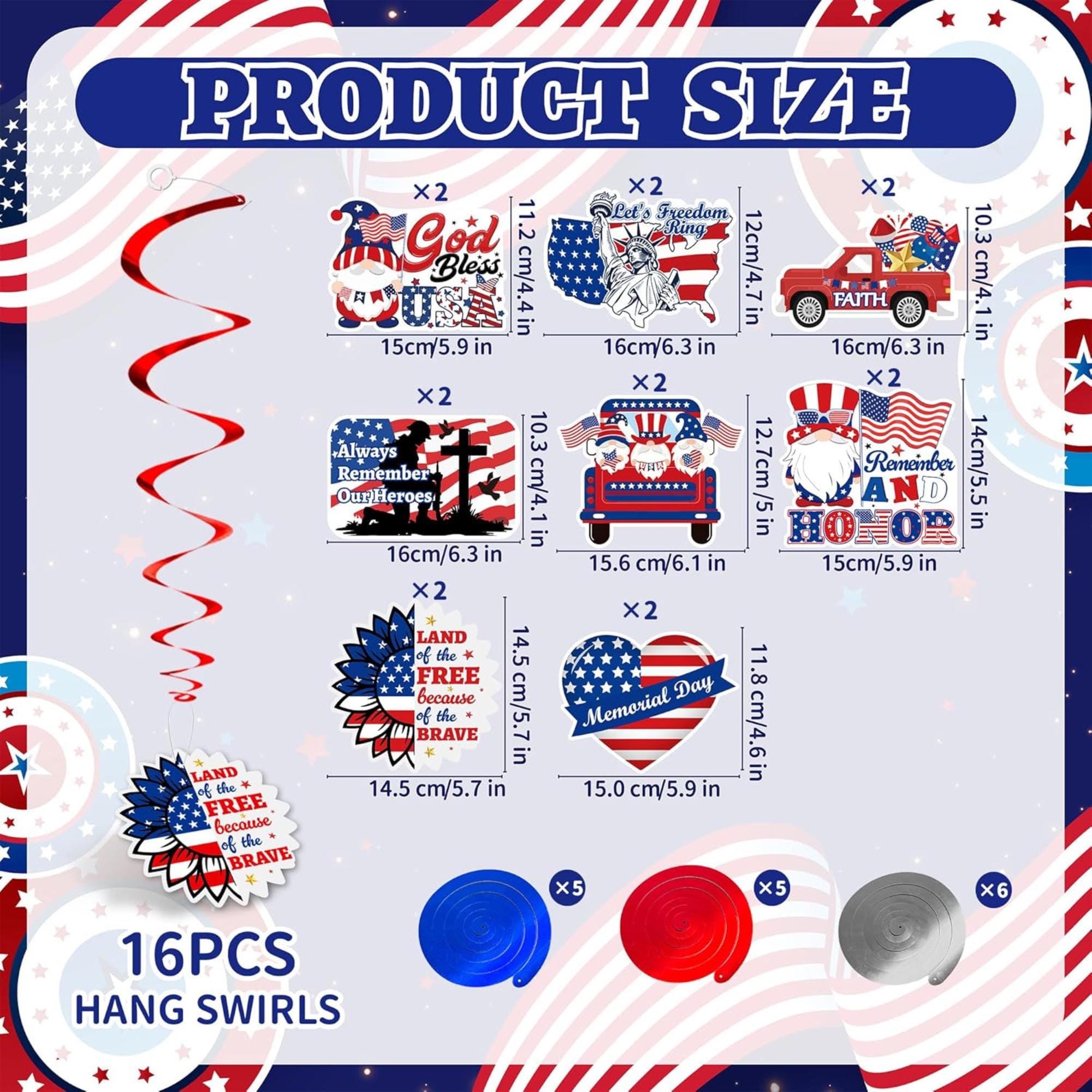 Memorial Day Glitter Banner, Patriotic Hanging Swirls, Remember Honor Decorations