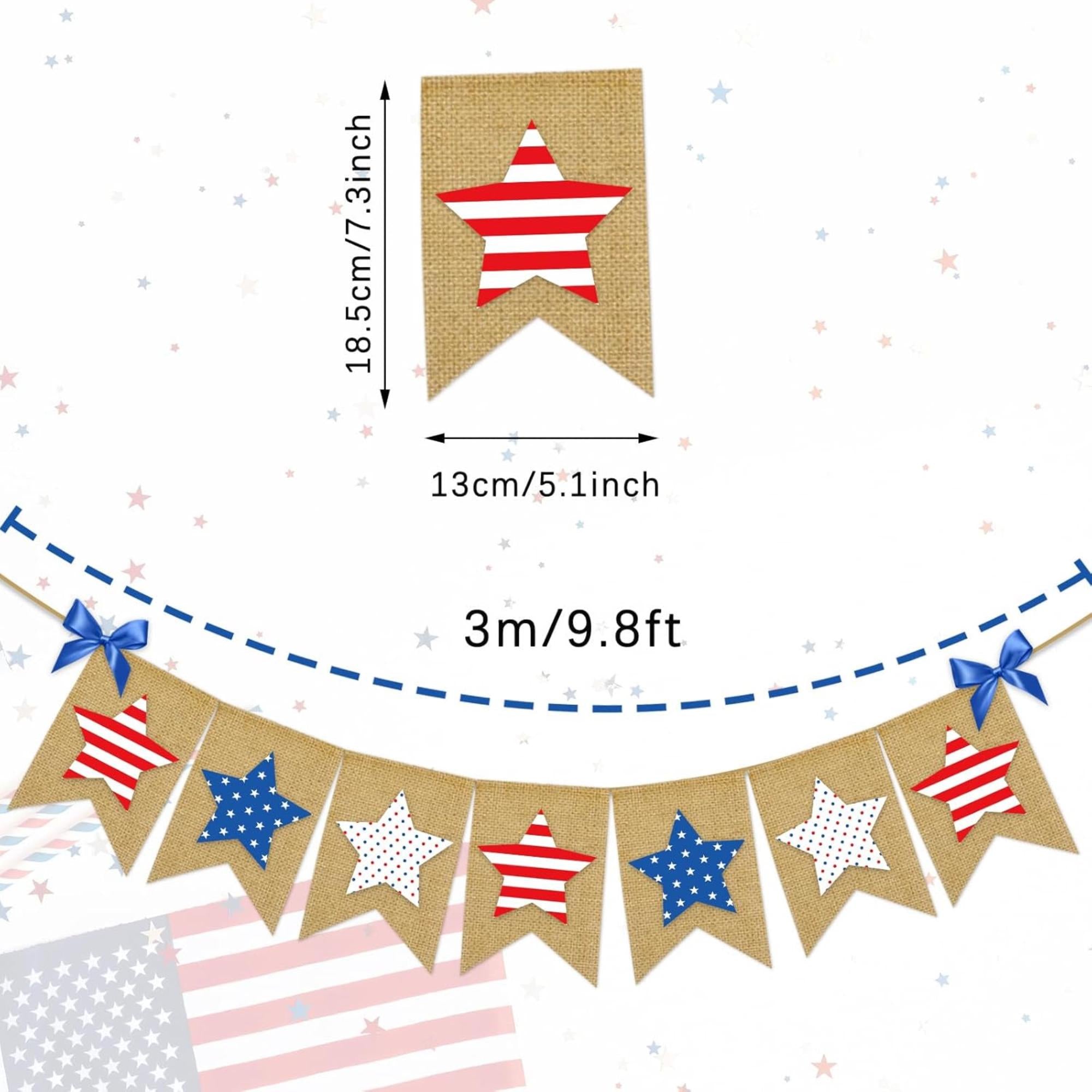 Patriotic Burlap Banner: Red White Blue Stars Garland for 4th of July Parties