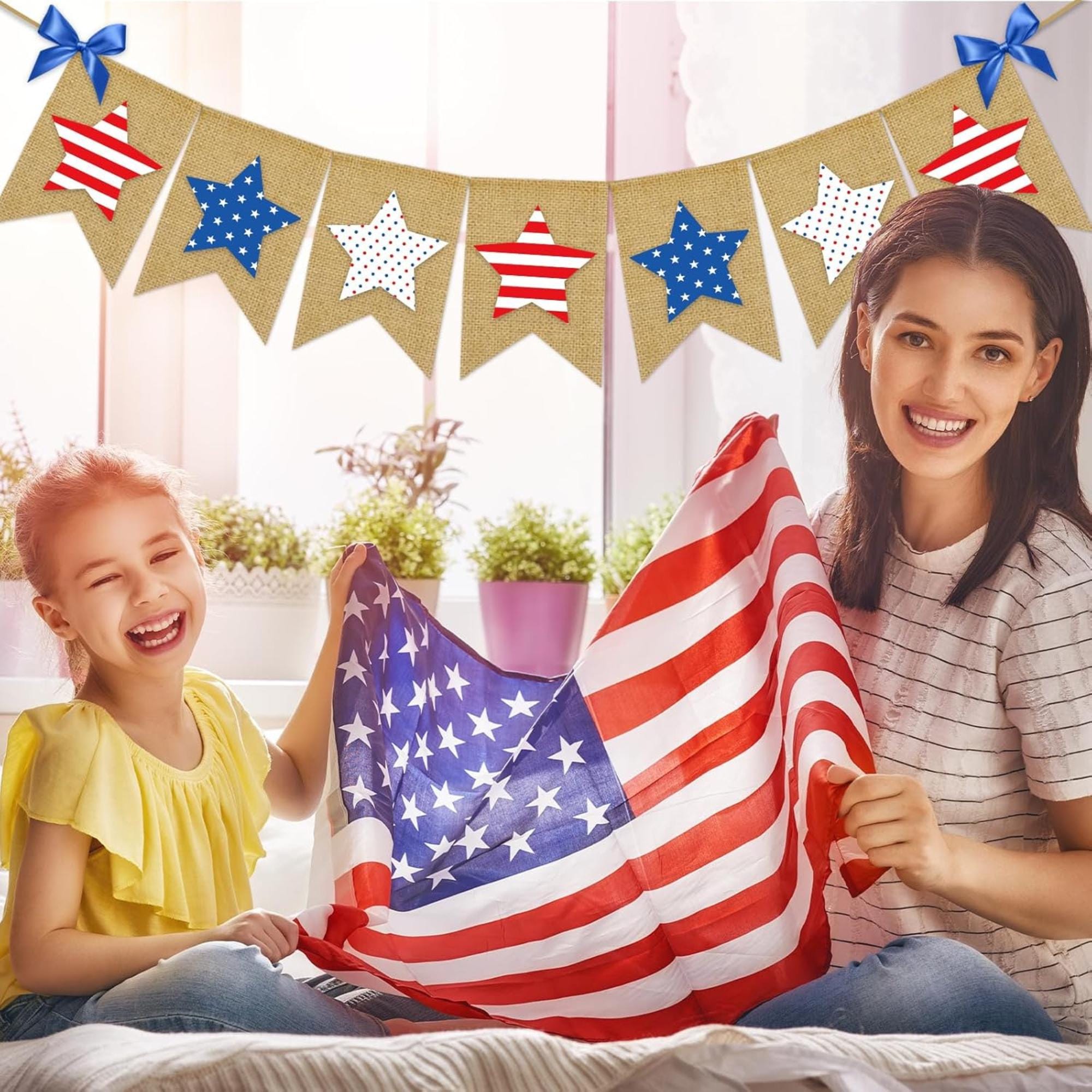 Patriotic Burlap Banner: Red White Blue Stars Garland for 4th of July Parties