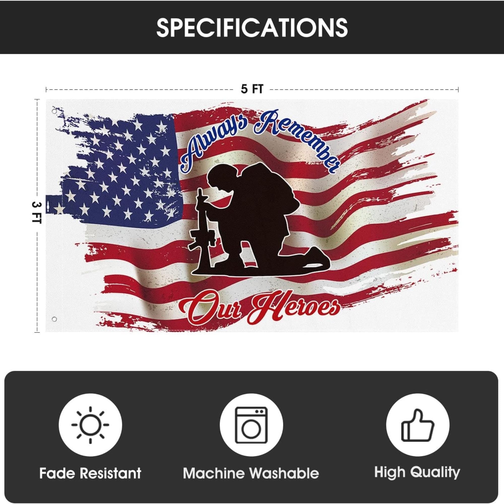 Always Remember Our Heroes Patriotic Military Soldier House Flag – Double Sided Yard Banner