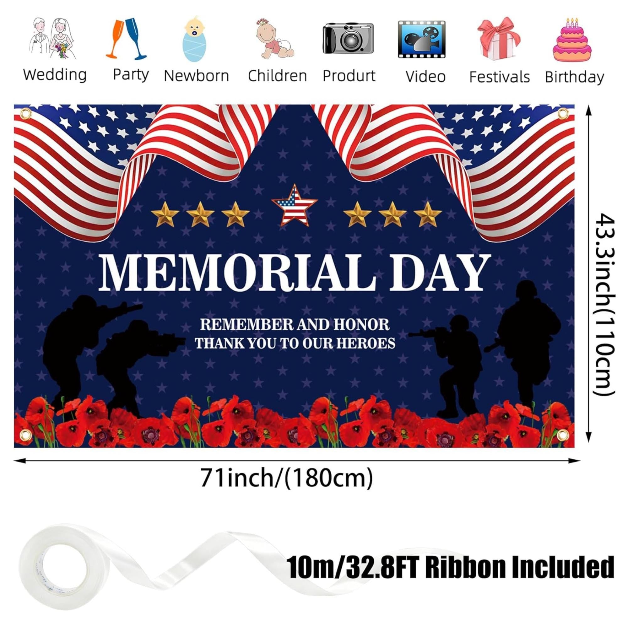 Memorial Day Patriotic Backdrop Banner Remember And Honor Photography Decoration Indoor Outdoor Party Decor