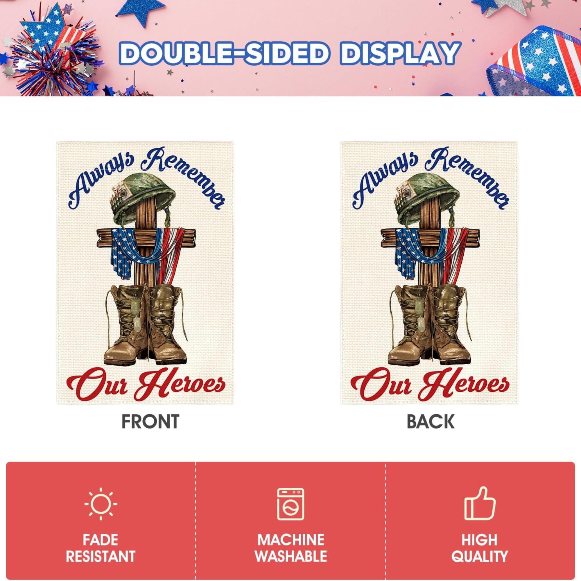 Always Remember Our Heroes Garden Flag Patriotic Veteran Yard Decoration Memorial Day Outdoor Flag