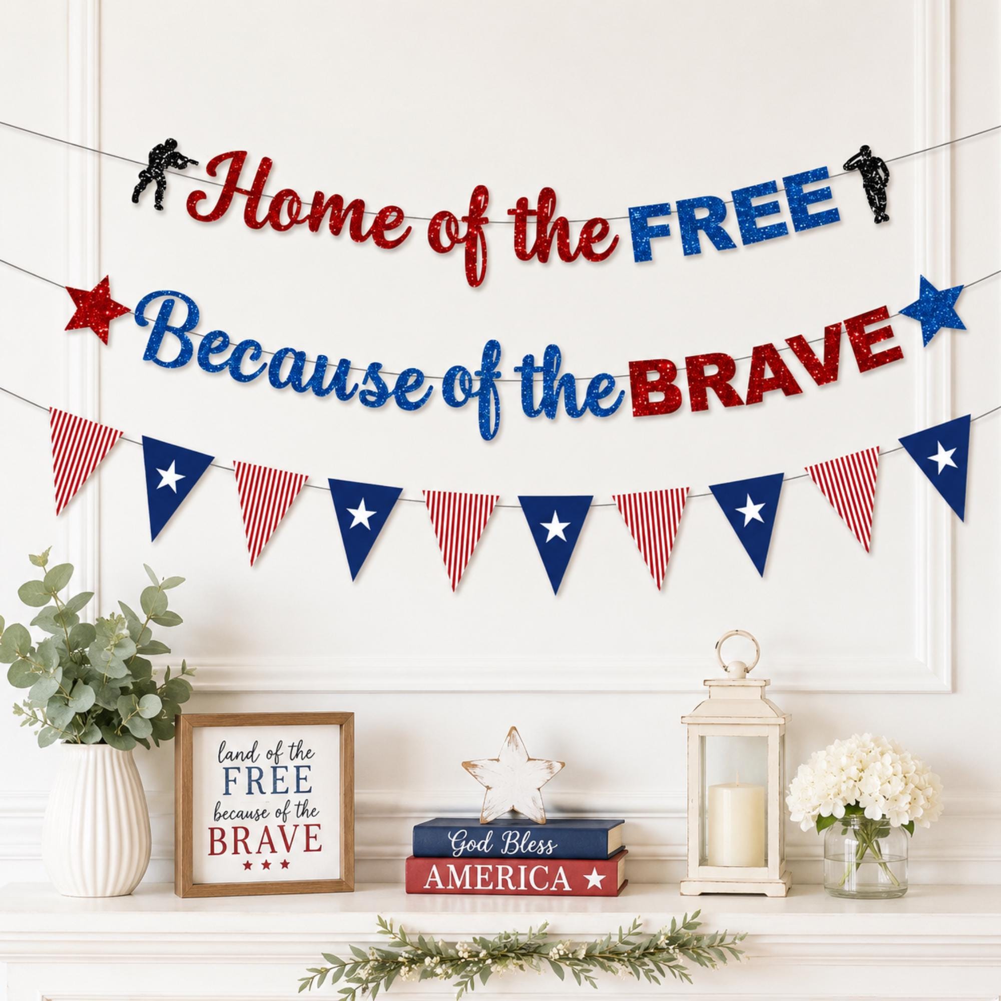 Thank You Veterans Banner Patriotic Glitter Garland Memorial Day 4th Of July Party Decorations