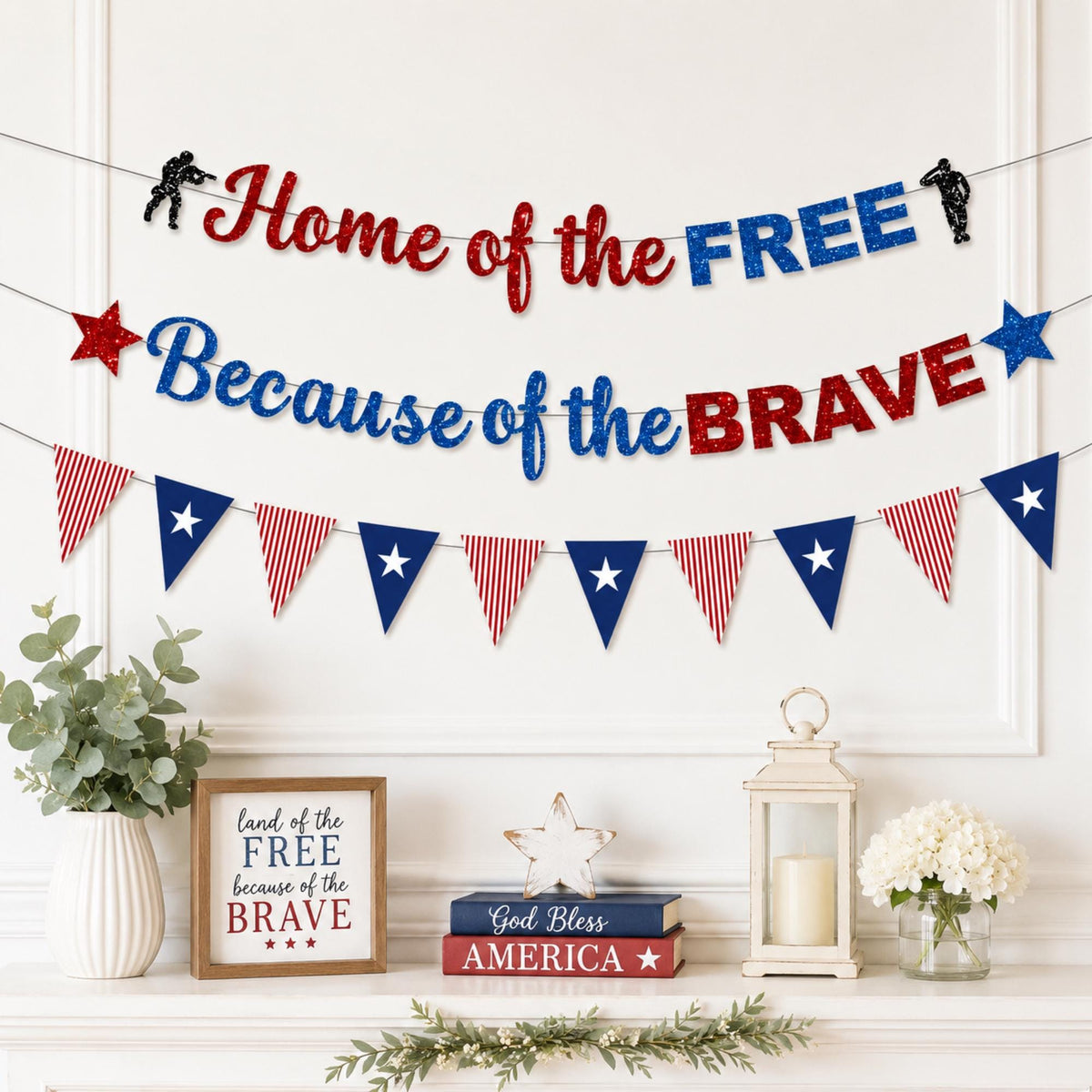 Thank You Veterans Banner Patriotic Glitter Garland Memorial Day 4th Of July Party Decorations