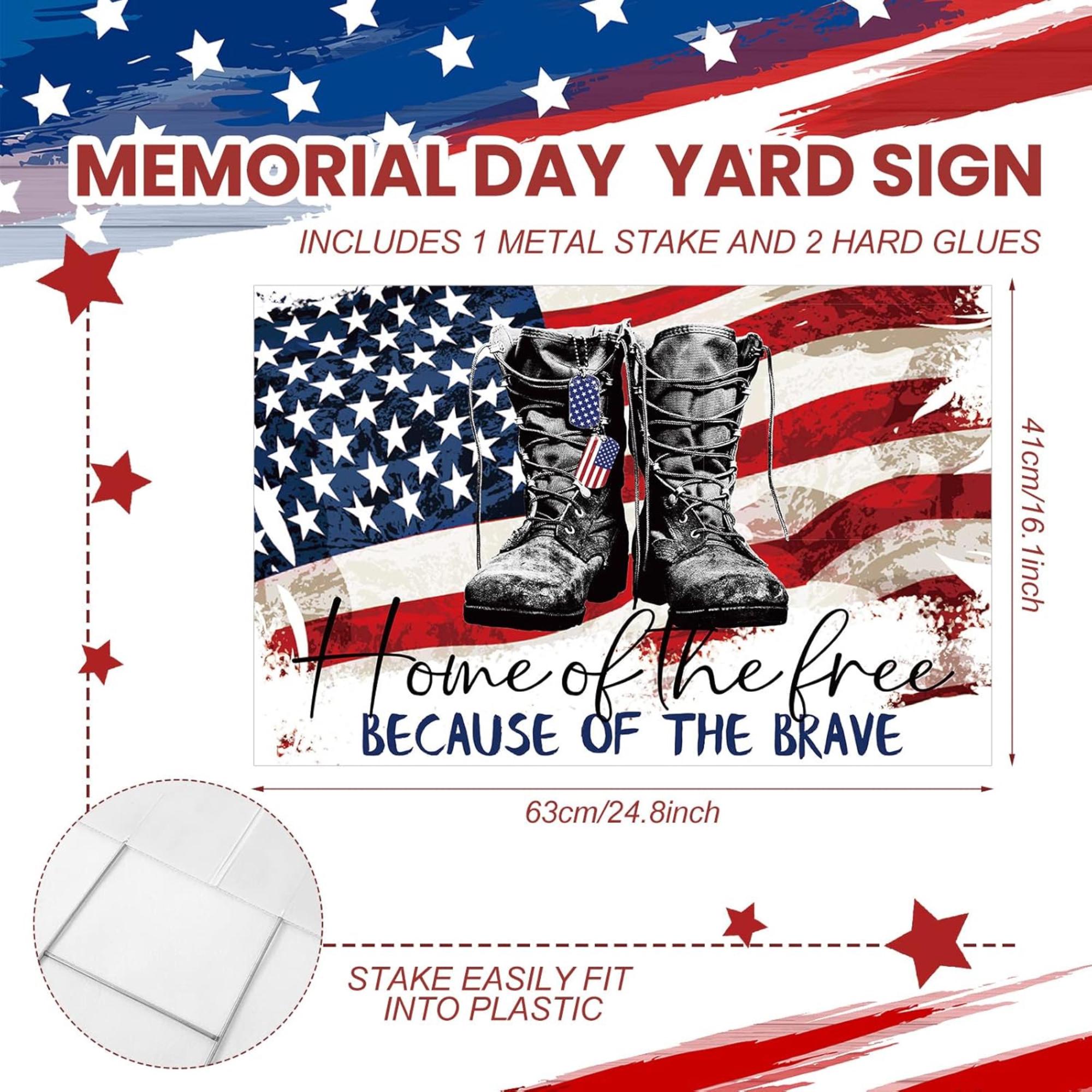 Patriotic Soldier Boots Yard Sign: Home of the Free Because of the Brave Memorial Day Decor