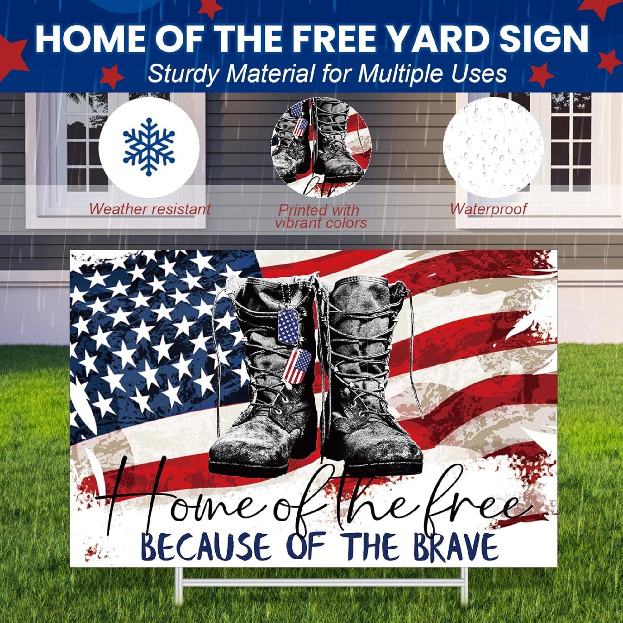 Patriotic Soldier Boots Yard Sign: Home of the Free Because of the Brave Memorial Day Decor