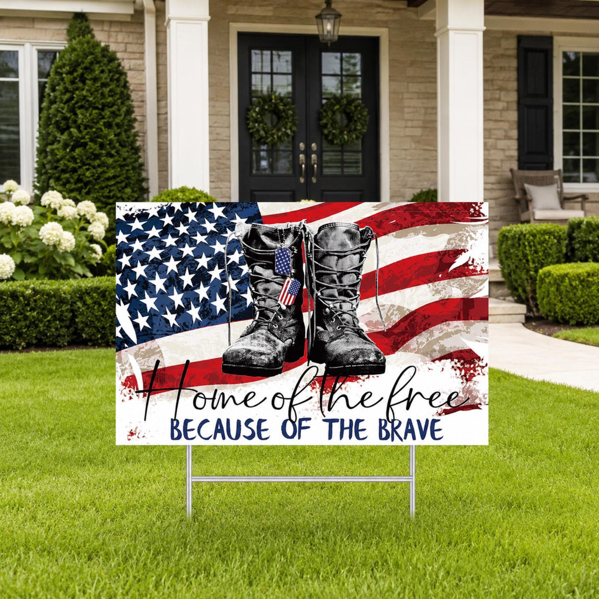 Patriotic Soldier Boots Yard Sign: Home of the Free Because of the Brave Memorial Day Decor