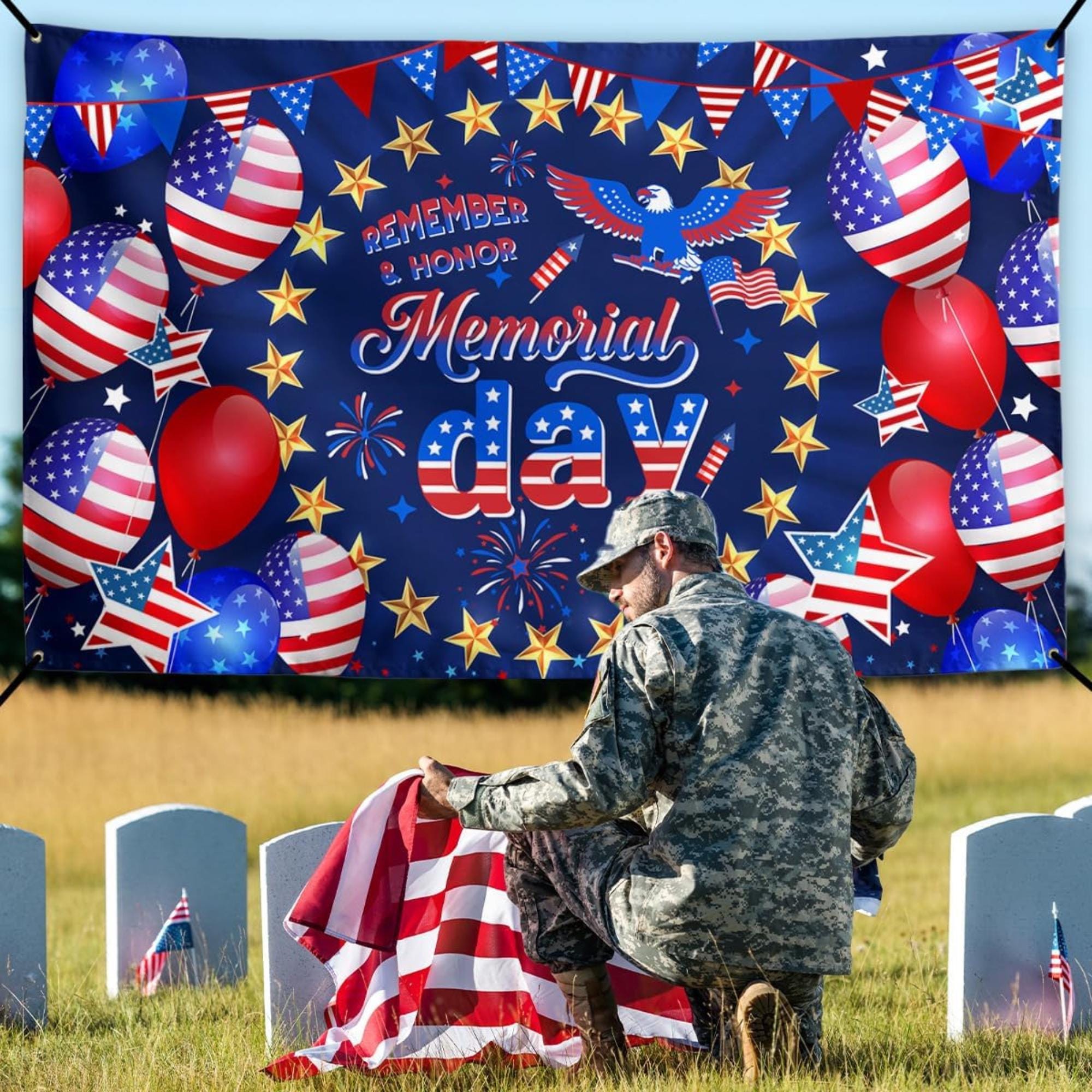 Patriotic Memorial Day 4th of July Banner: Red White Blue Party Decor
