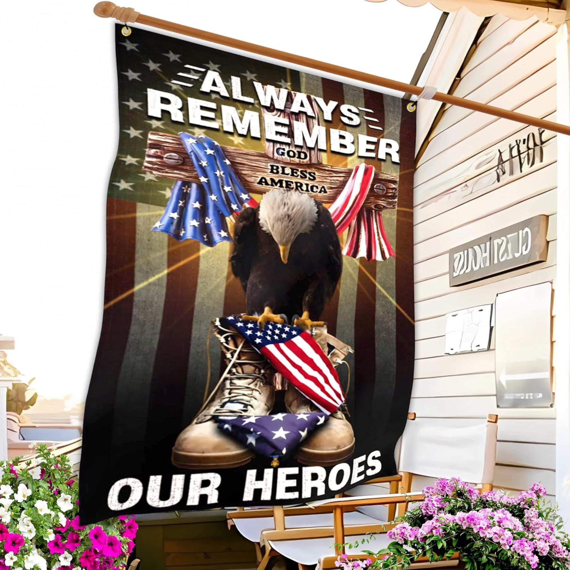 Patriotic Memorial Flag: Always Remember Our Heroes, Veterans Day Outdoor Banner