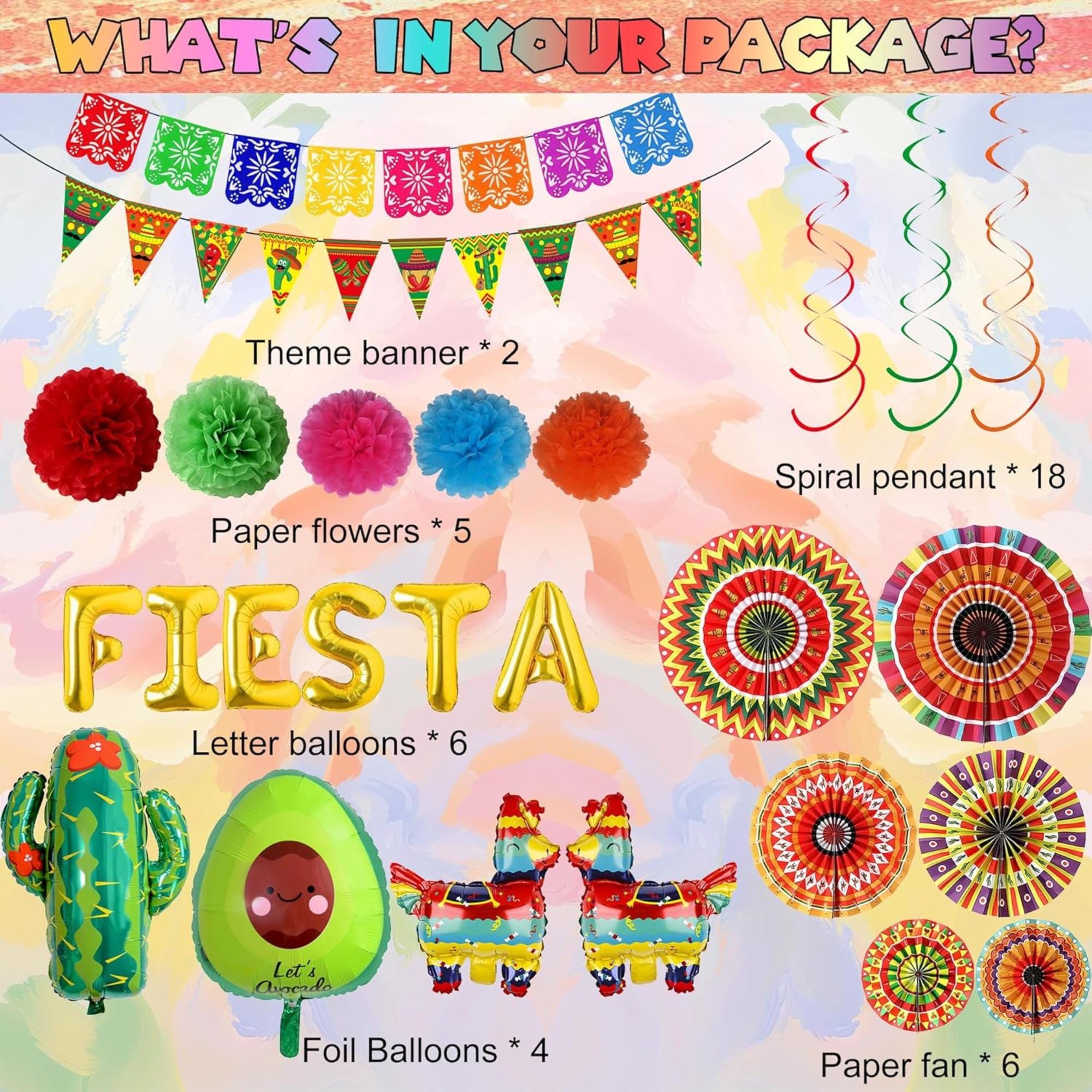Fiesta Party Decorations: Avocado, Cactus, Papel Picado Balloons, Streamers, Pompoms