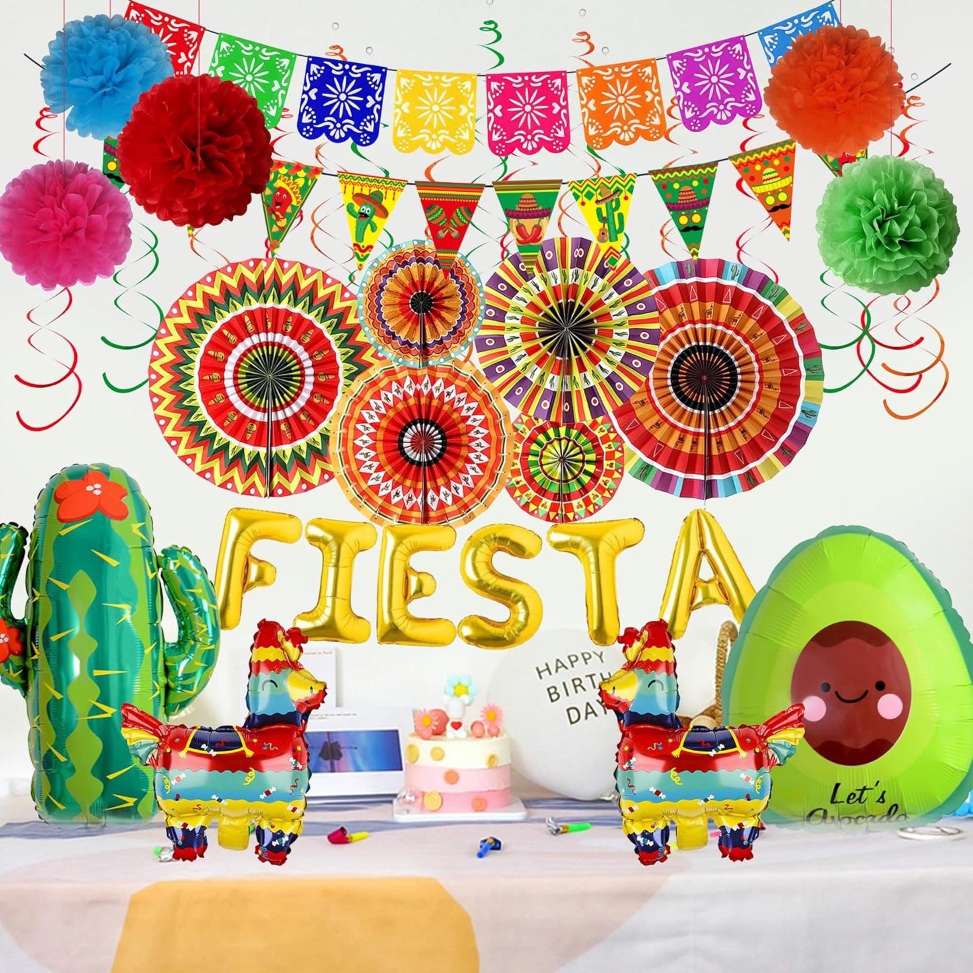 Fiesta Party Decorations: Avocado, Cactus, Papel Picado Balloons, Streamers, Pompoms