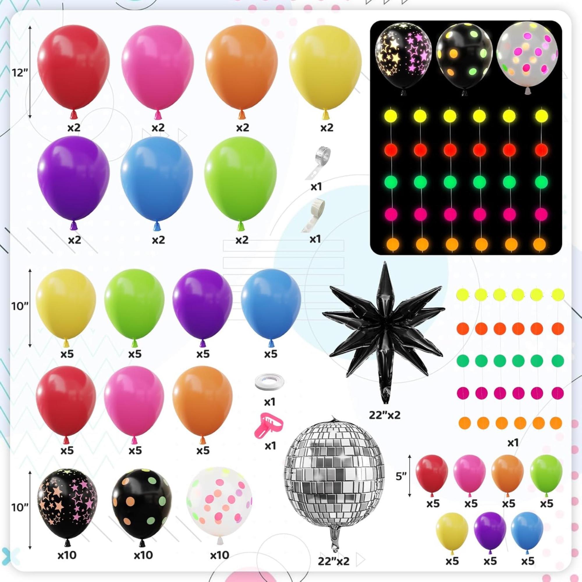 80s Disco Balloon Arch Kit: UV Neon Star Balloons, Rainbow Garland for Parties