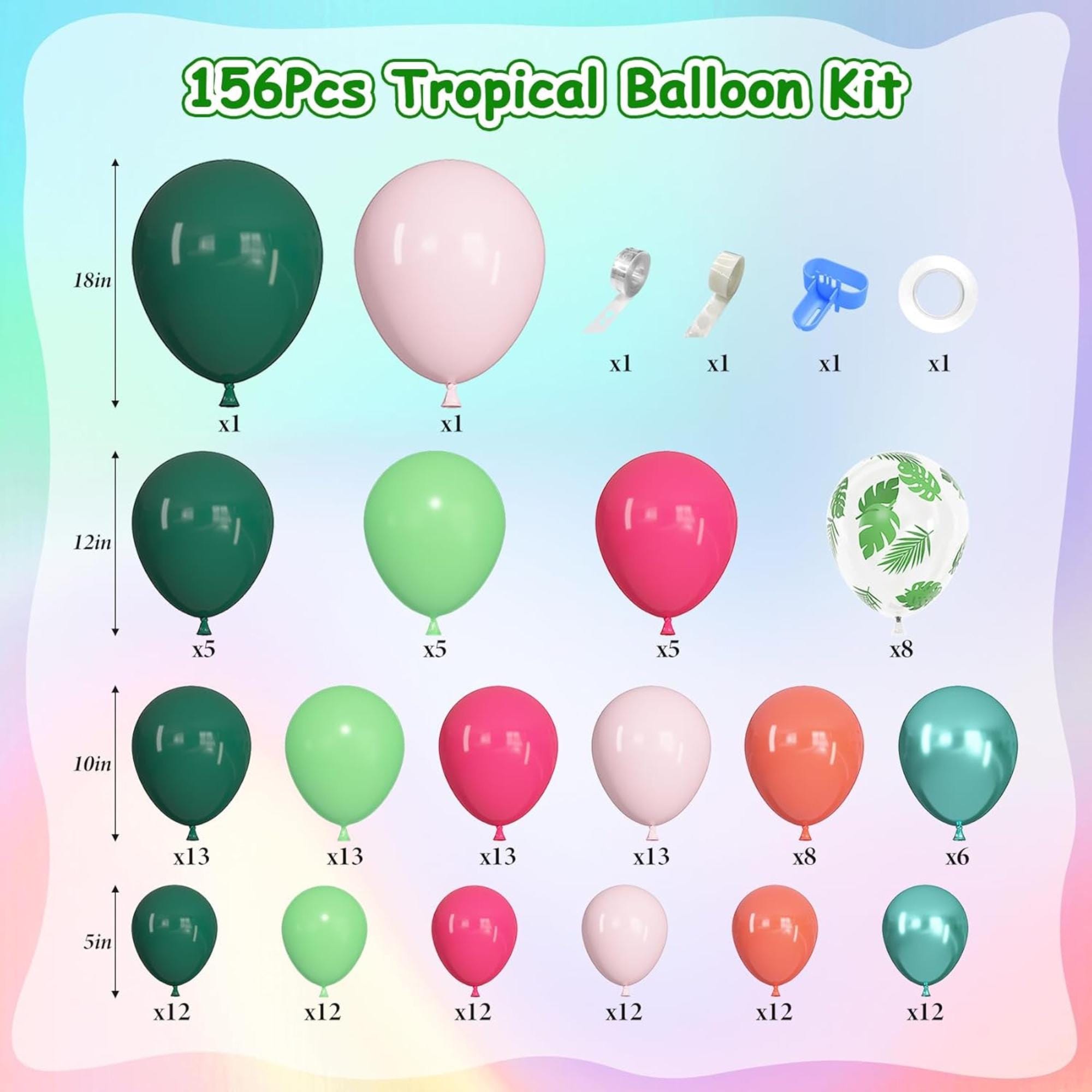 Tropical Luau Balloon Arch Garland Kit: Hot Pink, Green, Orange, Palm Leaves, Flamingo Accents