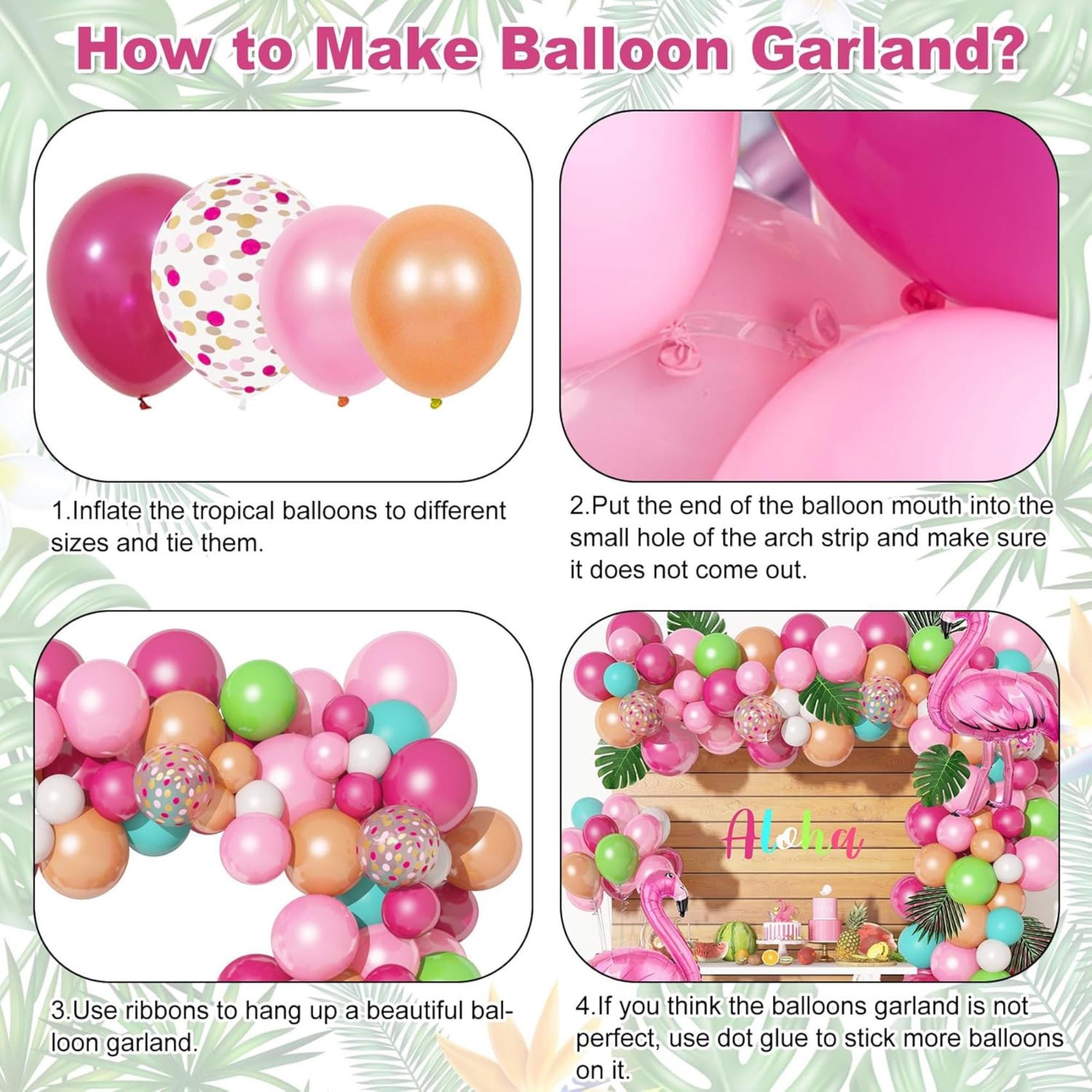 Tropical Balloon Arch Garland Kit Hot Pink Rose Gold Green Blue Palm Leaves Aloha Party