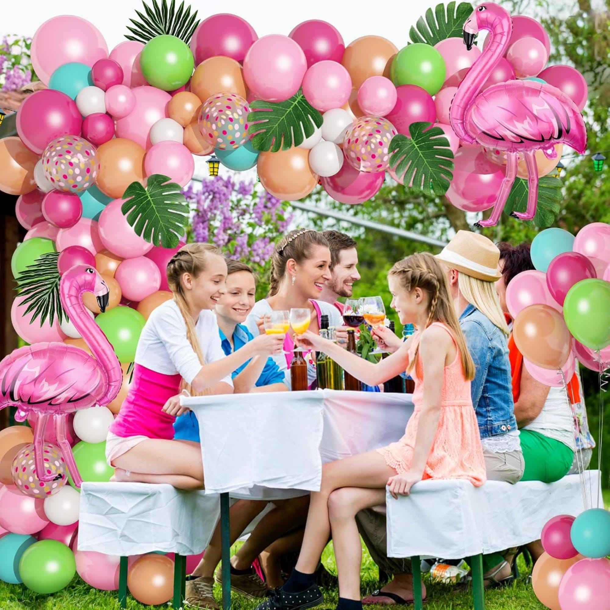 Tropical Balloon Arch Garland Kit Hot Pink Rose Gold Green Blue Palm Leaves Aloha Party