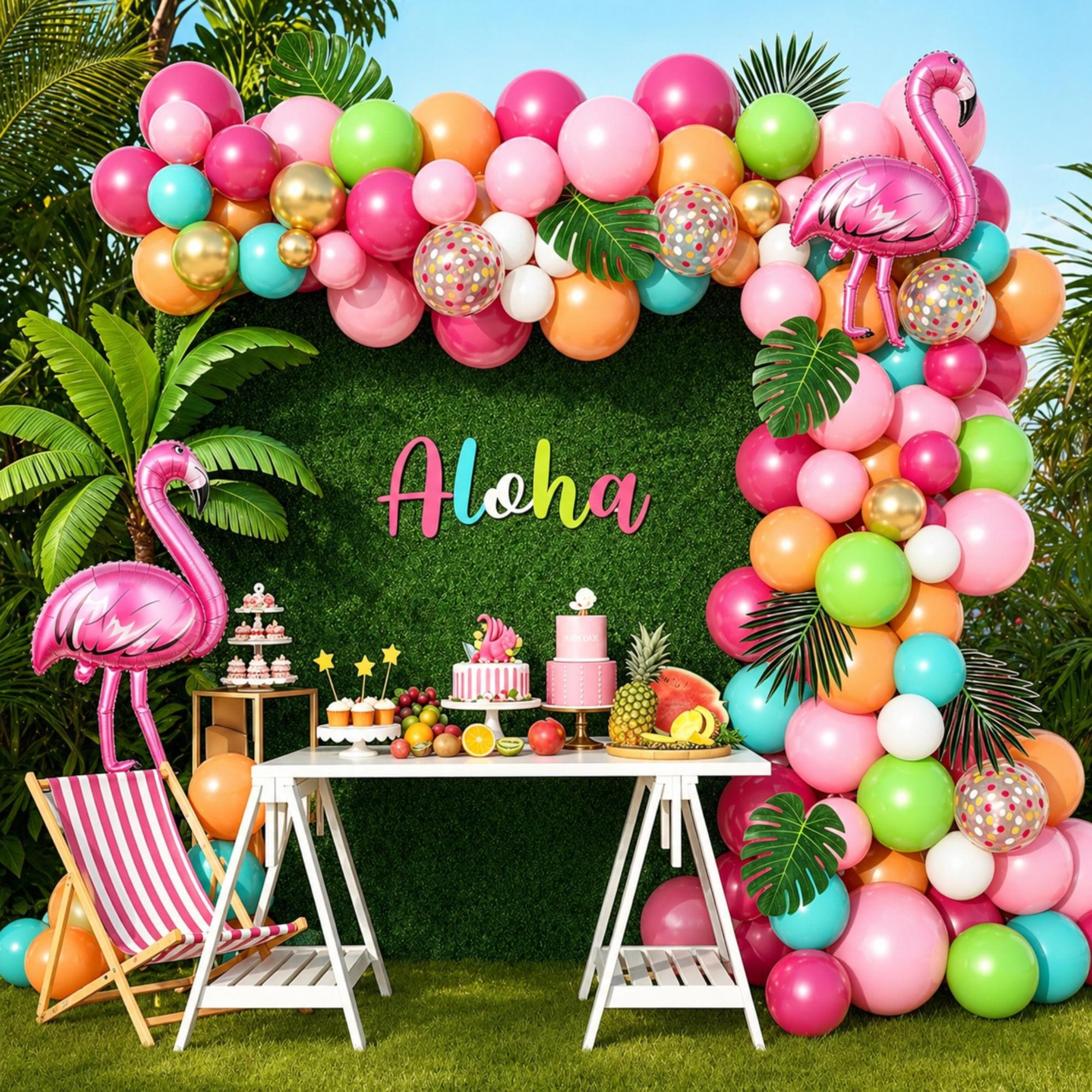 Tropical Balloon Arch Garland Kit Hot Pink Rose Gold Green Blue Palm Leaves Aloha Party