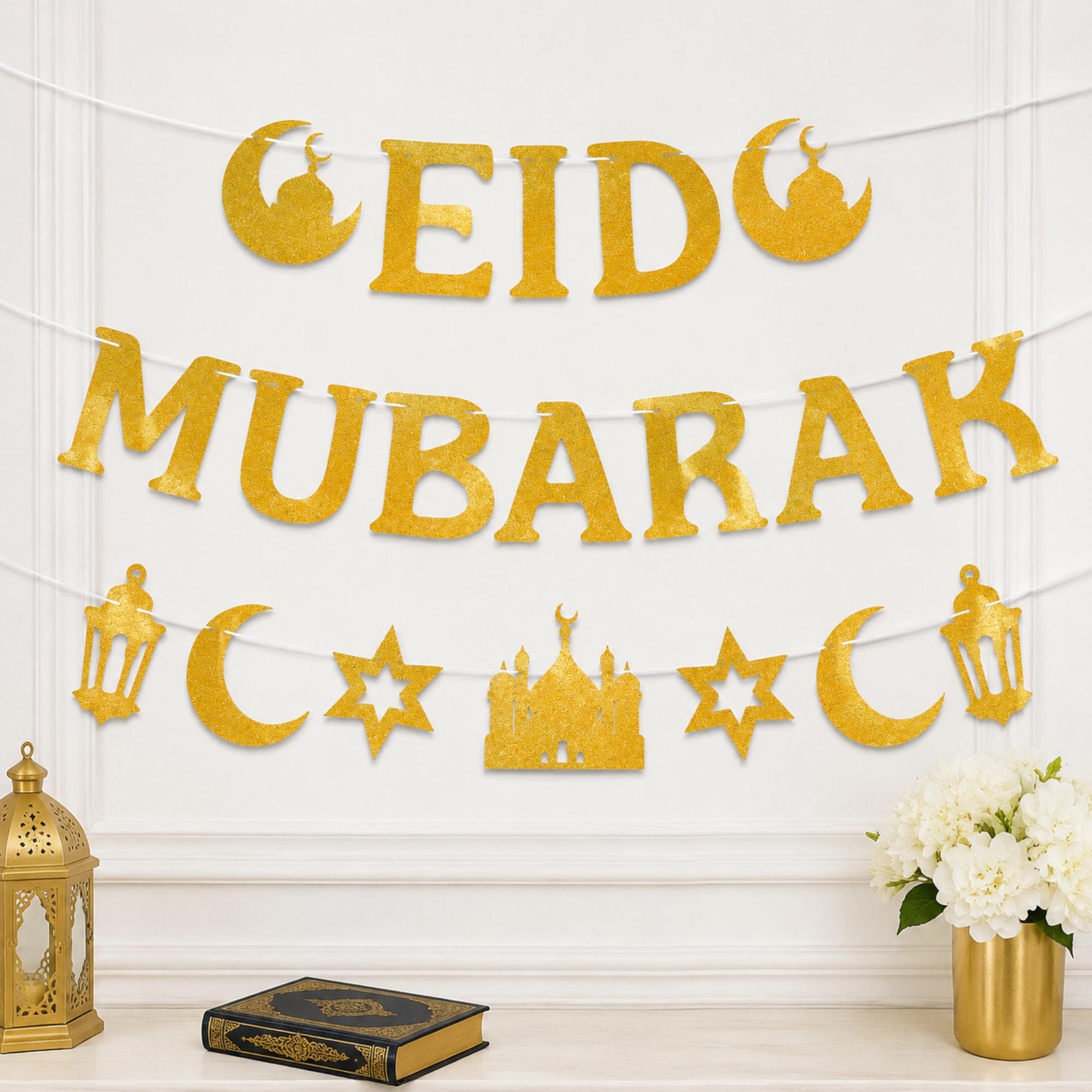 Gold Glitter Eid Mubarak Banner Garland Islamic Eid ul Adha Party Decorations