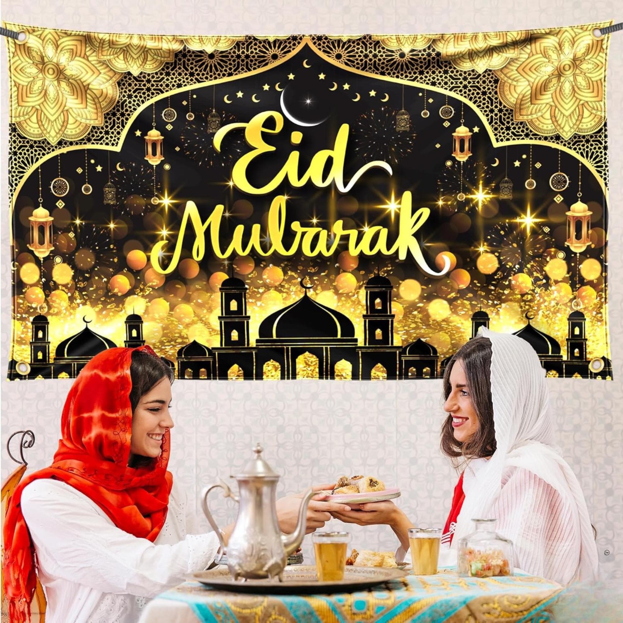 Black Gold Eid Mubarak Banner Backdrop Islamic Party Home Decorations
