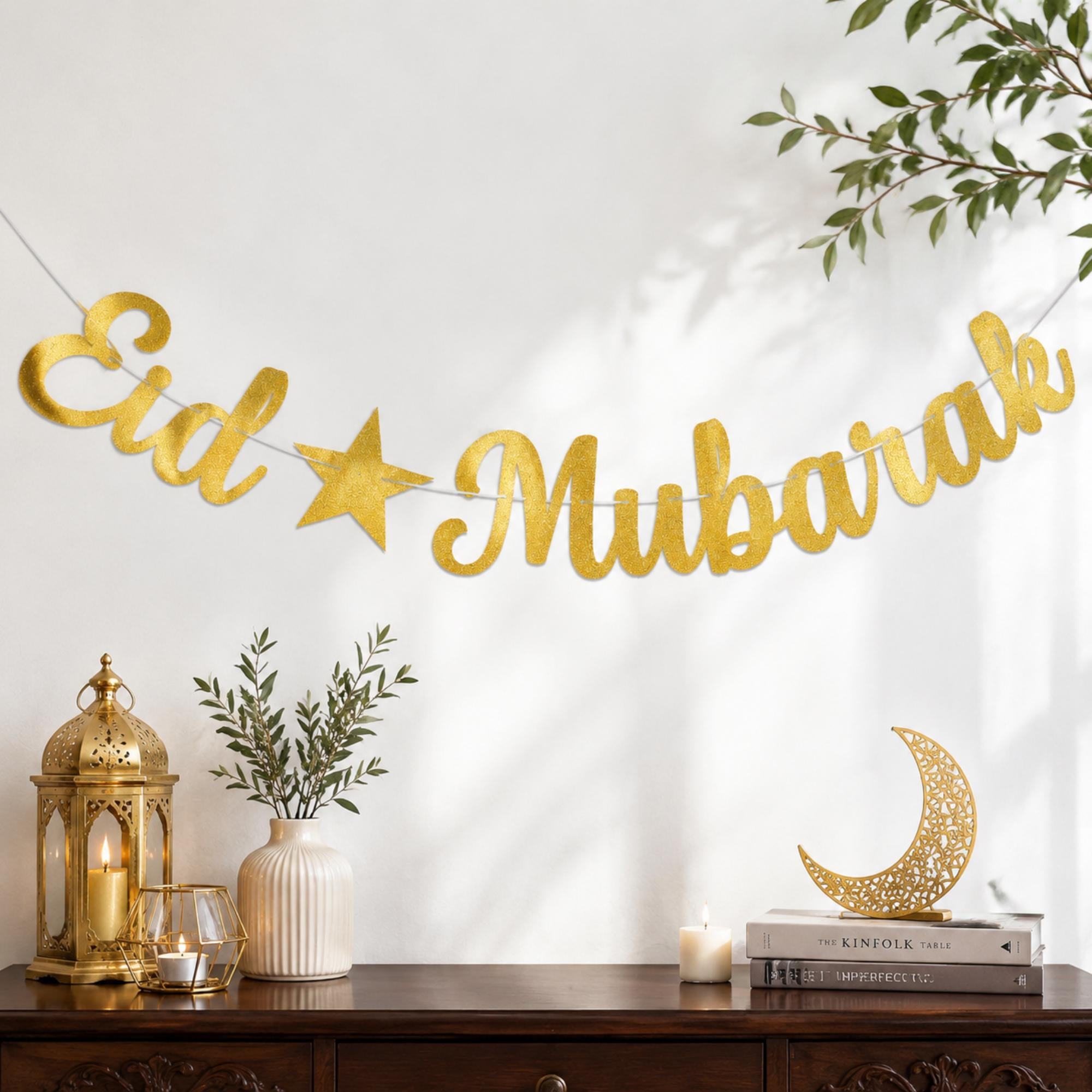 Gold Glitter Eid Mubarak Banner Islamic Party Decorations
