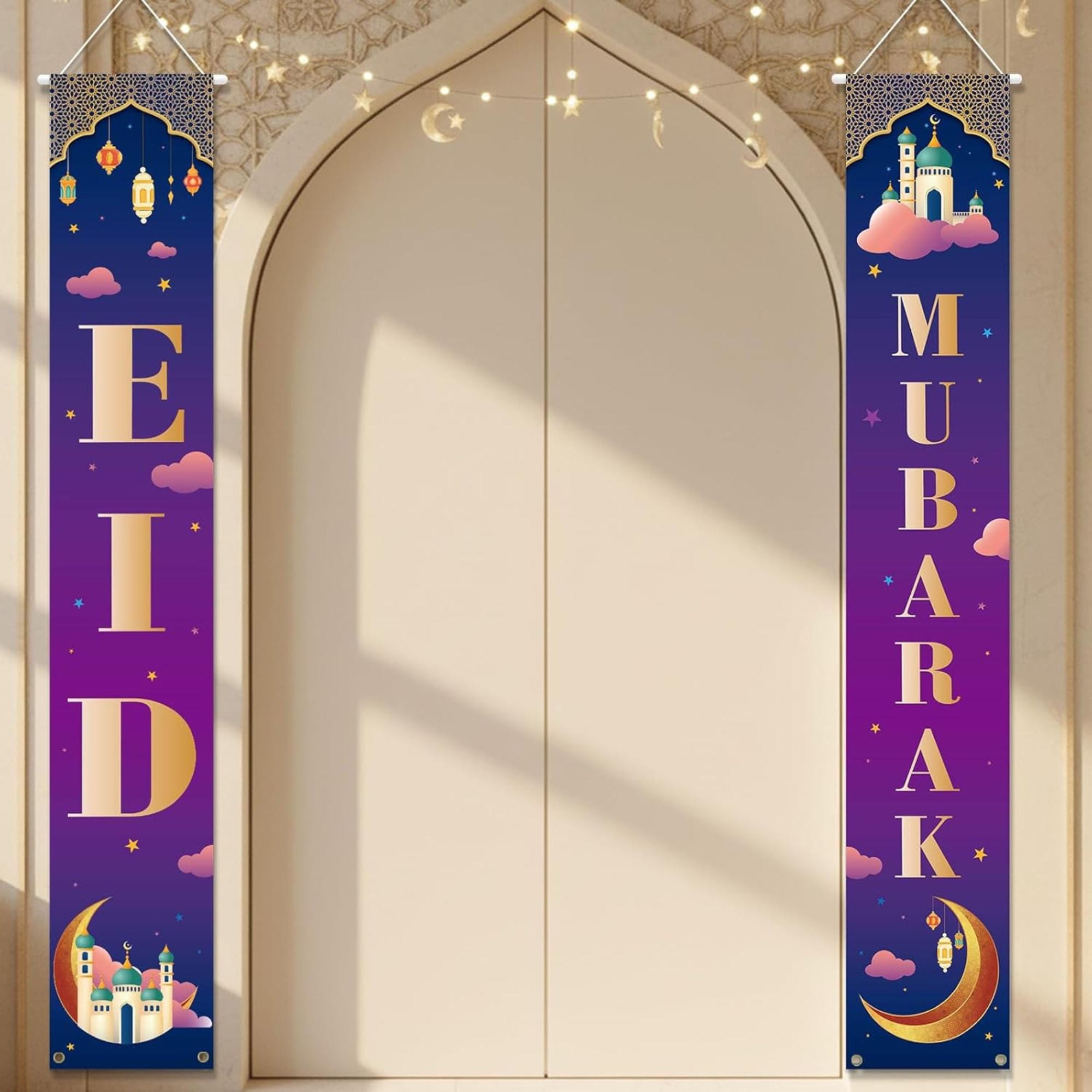 Eid Mubarak Door Banner Ramadan Porch Sign Islamic Home Decorations