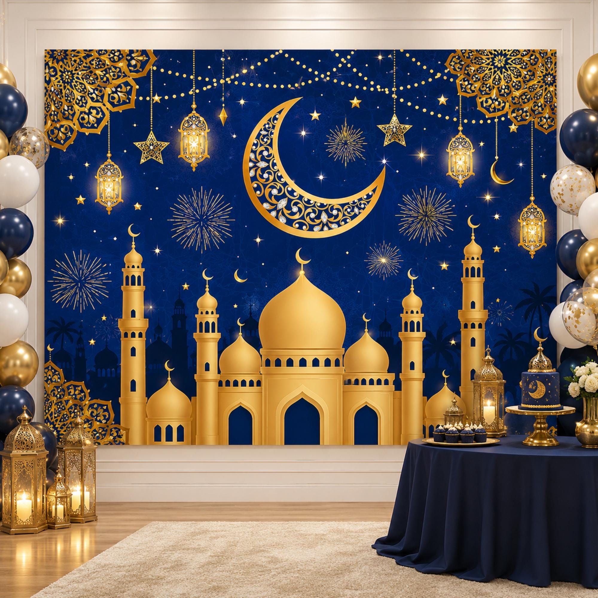 Blue Gold Eid Mubarak Banner Backdrop Islamic Party Decorations