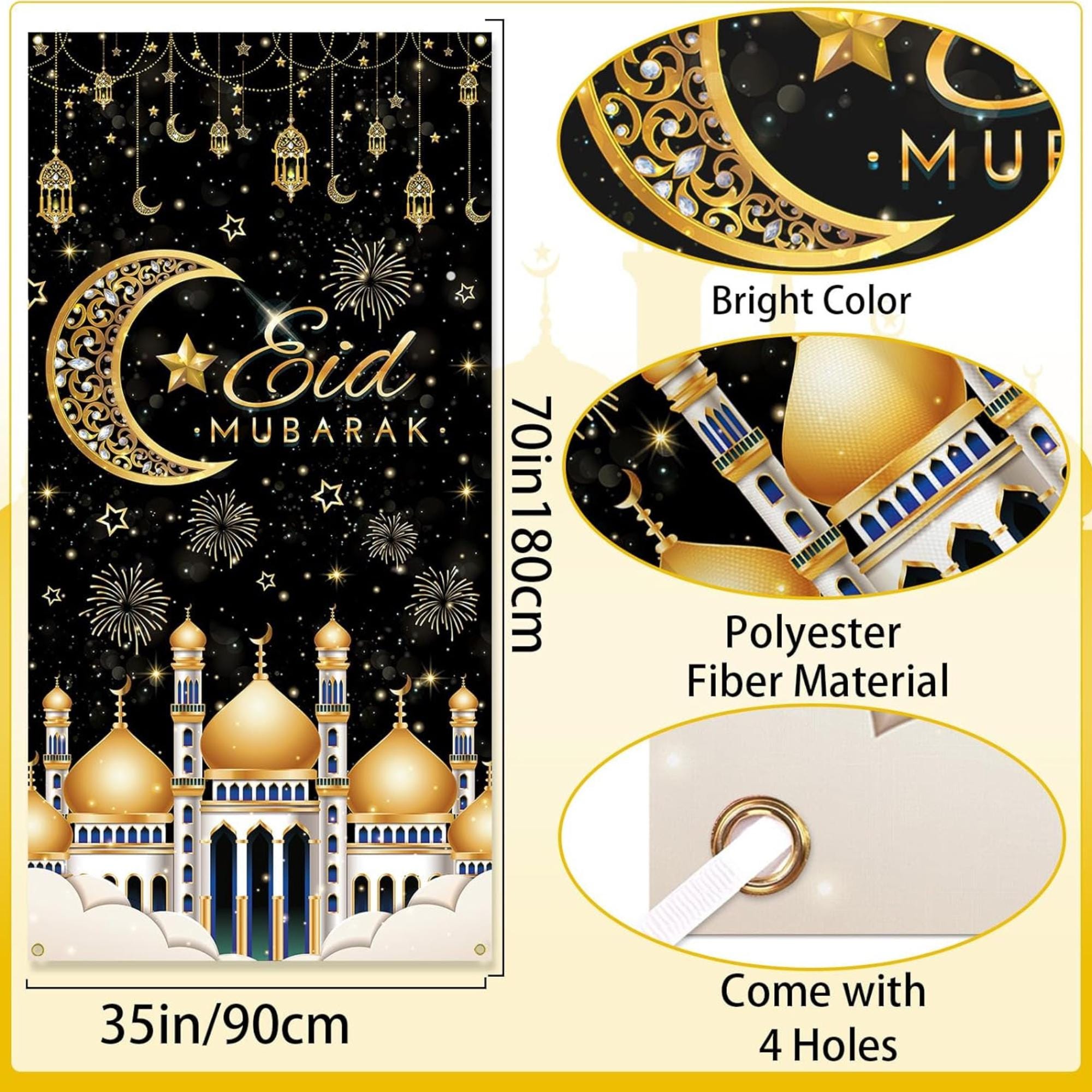 Black Gold Eid Mubarak Door Banner Islamic Moon Party Decorations