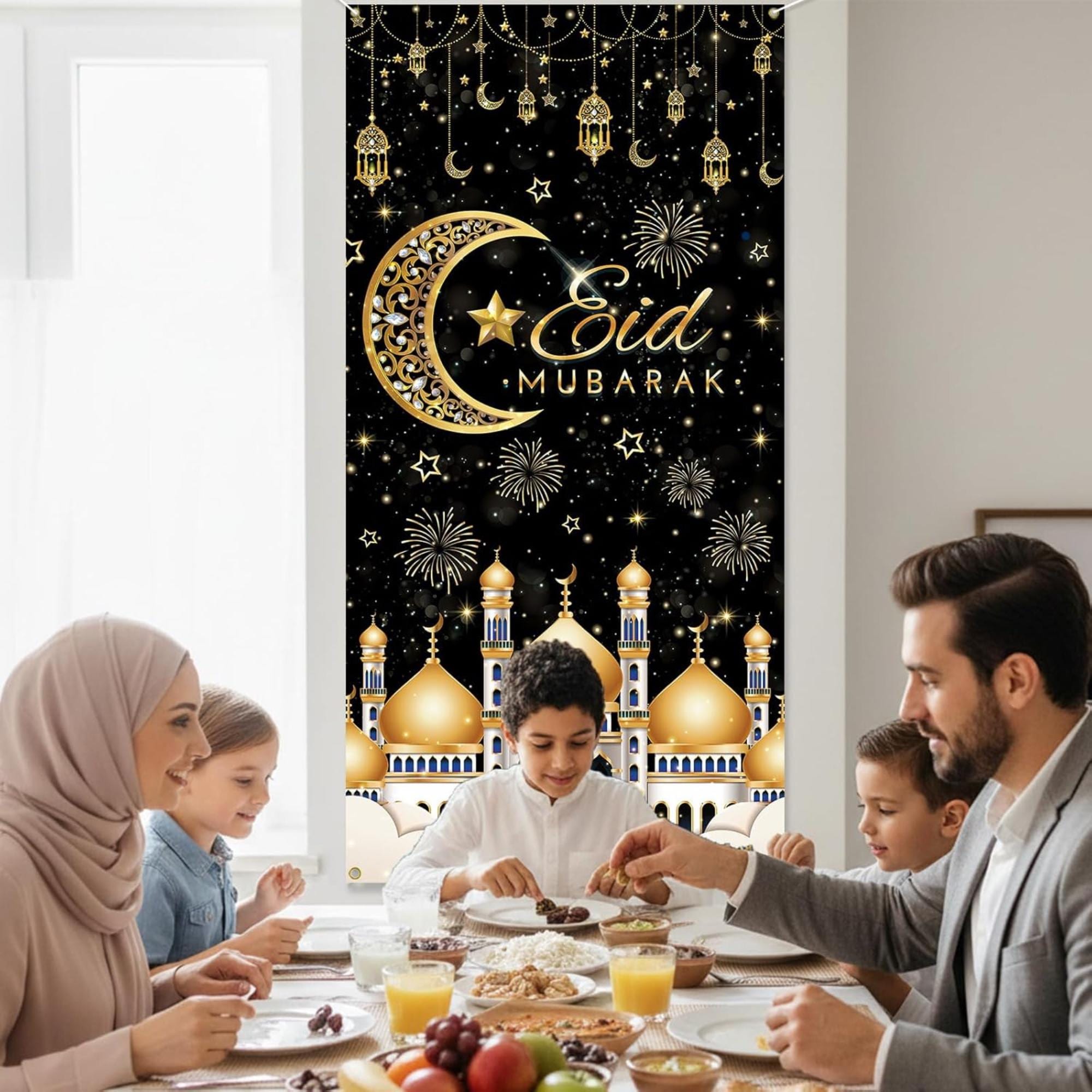 Black Gold Eid Mubarak Door Banner Islamic Moon Party Decorations